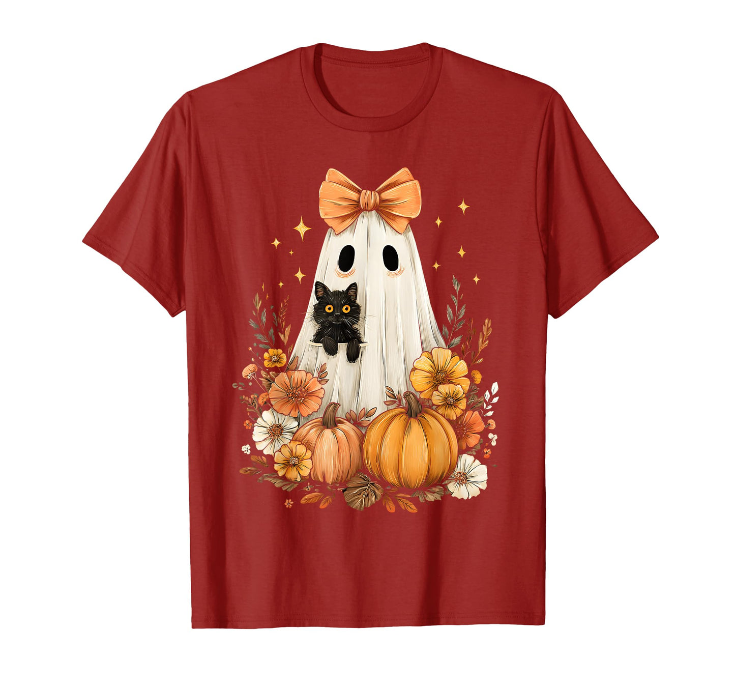 Halloween Vintage Cute Ghost Black Cat Pumpkins Floral T-Shirt
