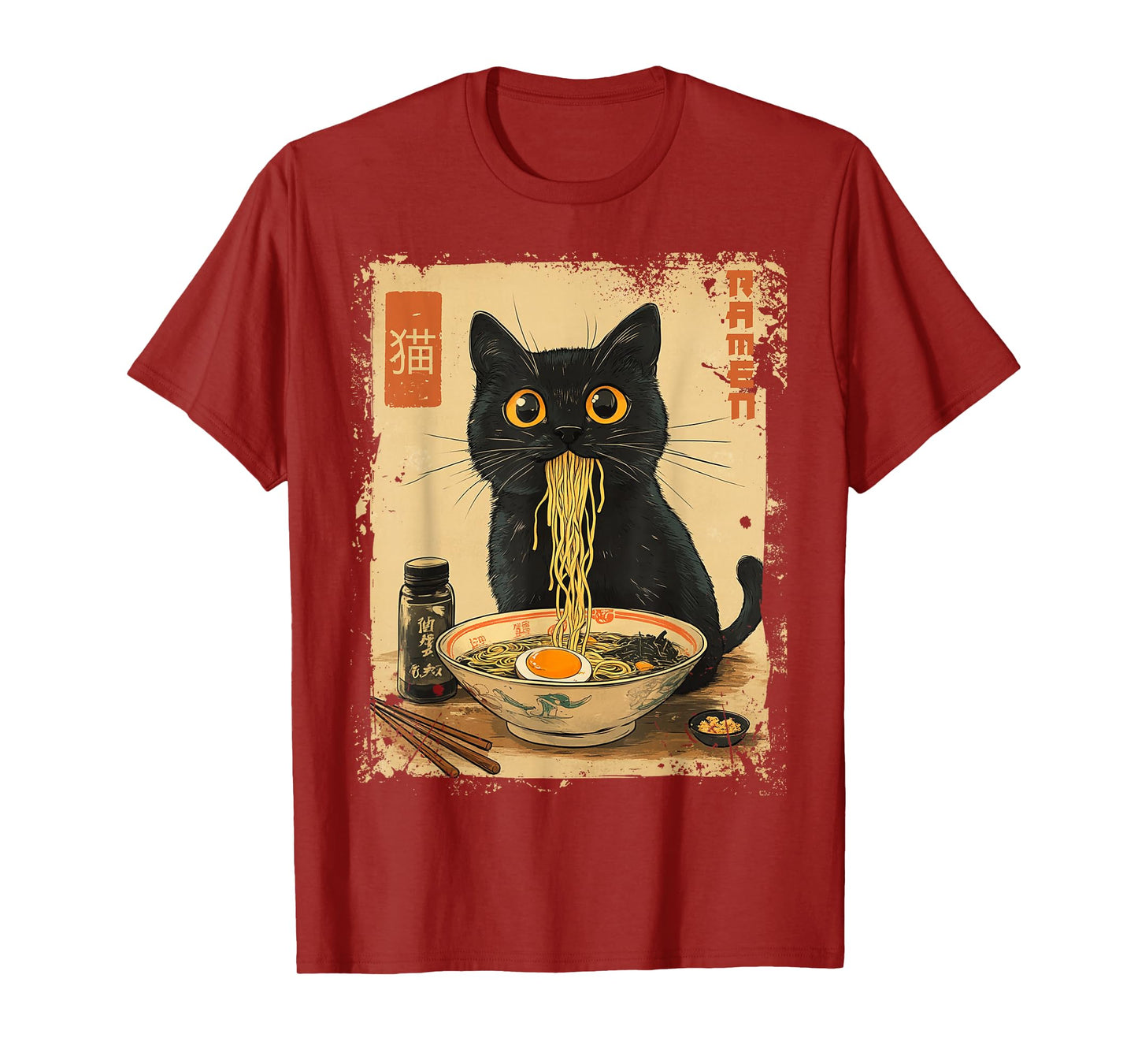 Dirhame Funny Japanese Cat Ramen Anime Kawaii Cat Eating Ramen Noodles T-Shirt, Unisex-Adults, Anime Fans, Girls, Young Females, Black, Small, Short Sleeve, T-Shirt