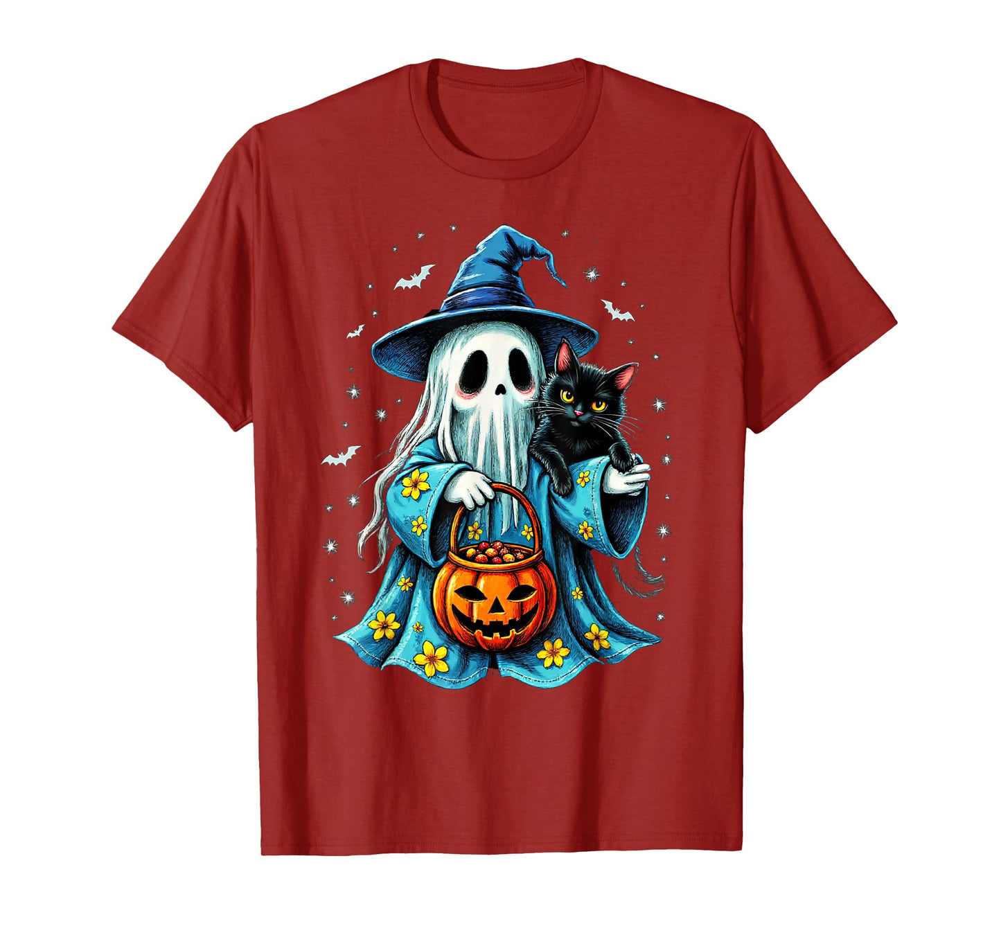 Ghost Holding Black Cat Lover Halloween 2025 Groovy Floral T-Shirt