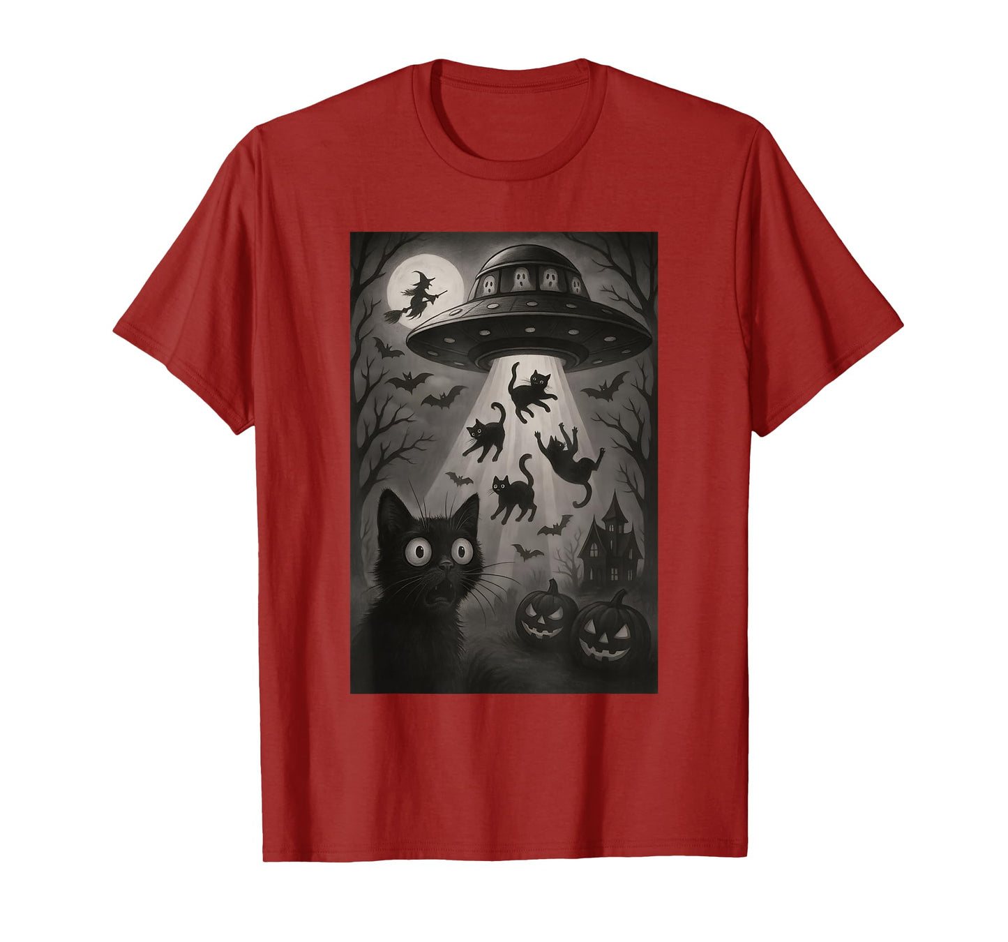 Halloween Cat Selfie Spooky Night Alien Abduction Cats UFO T-Shirt