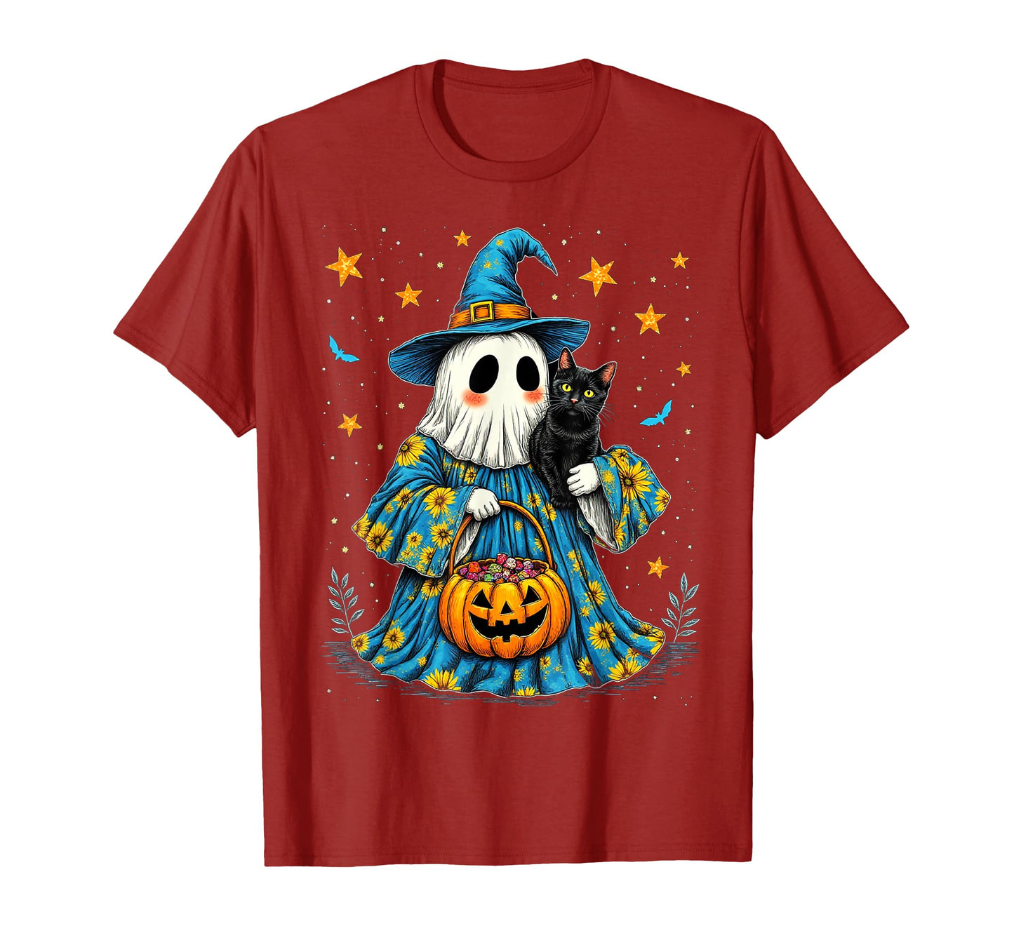 Cute Ghost and Black Cat Boo Groovy Floral Halloween 2025 T-Shirt