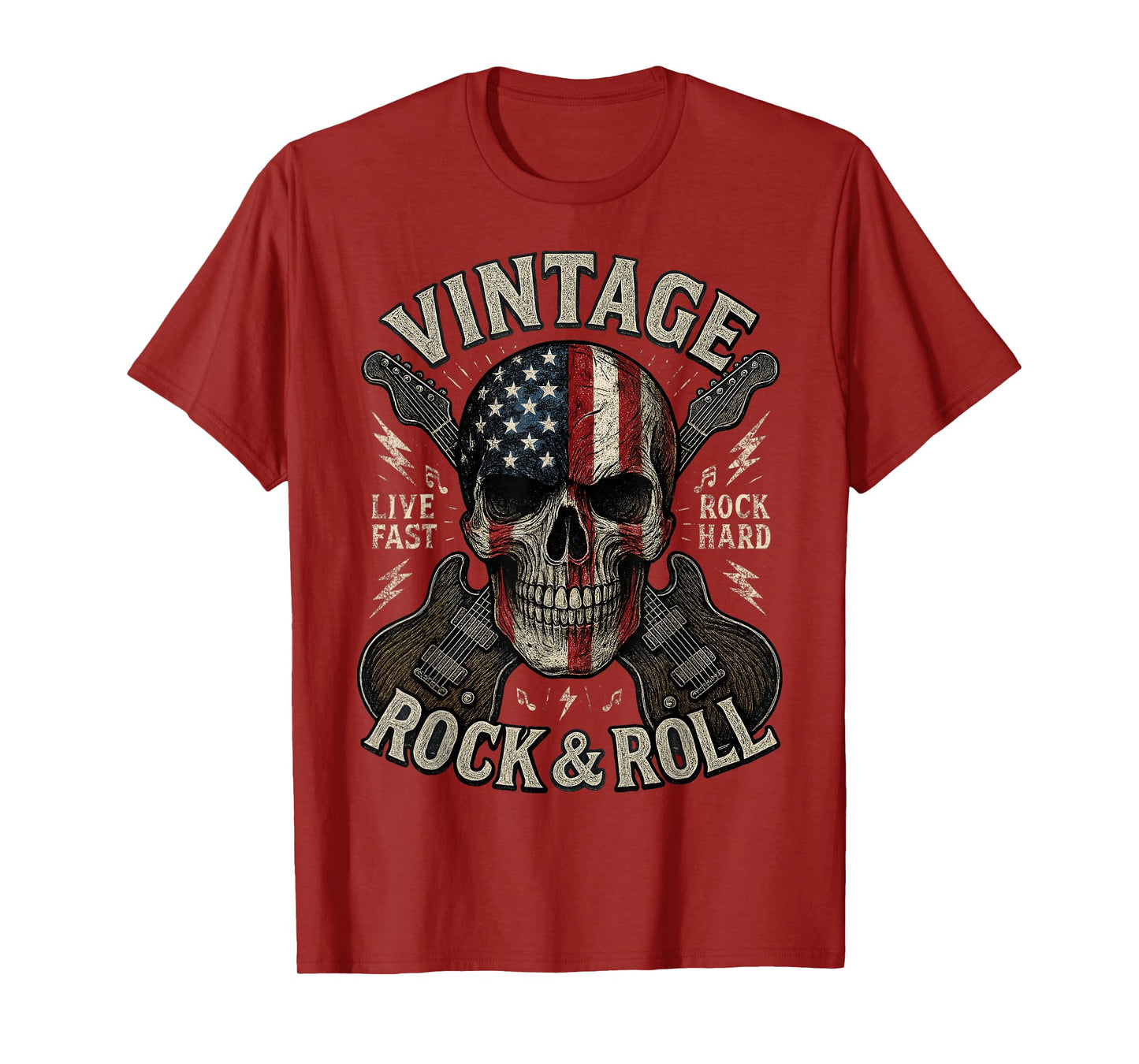 Vintage Rock Skull American Flag Guitar Retro Rock and Roll T-Shirt