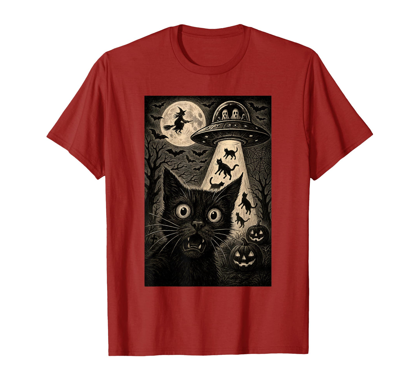 Halloween Cat Selfie Scary Alien Abduction Cats UFO Flying T-Shirt