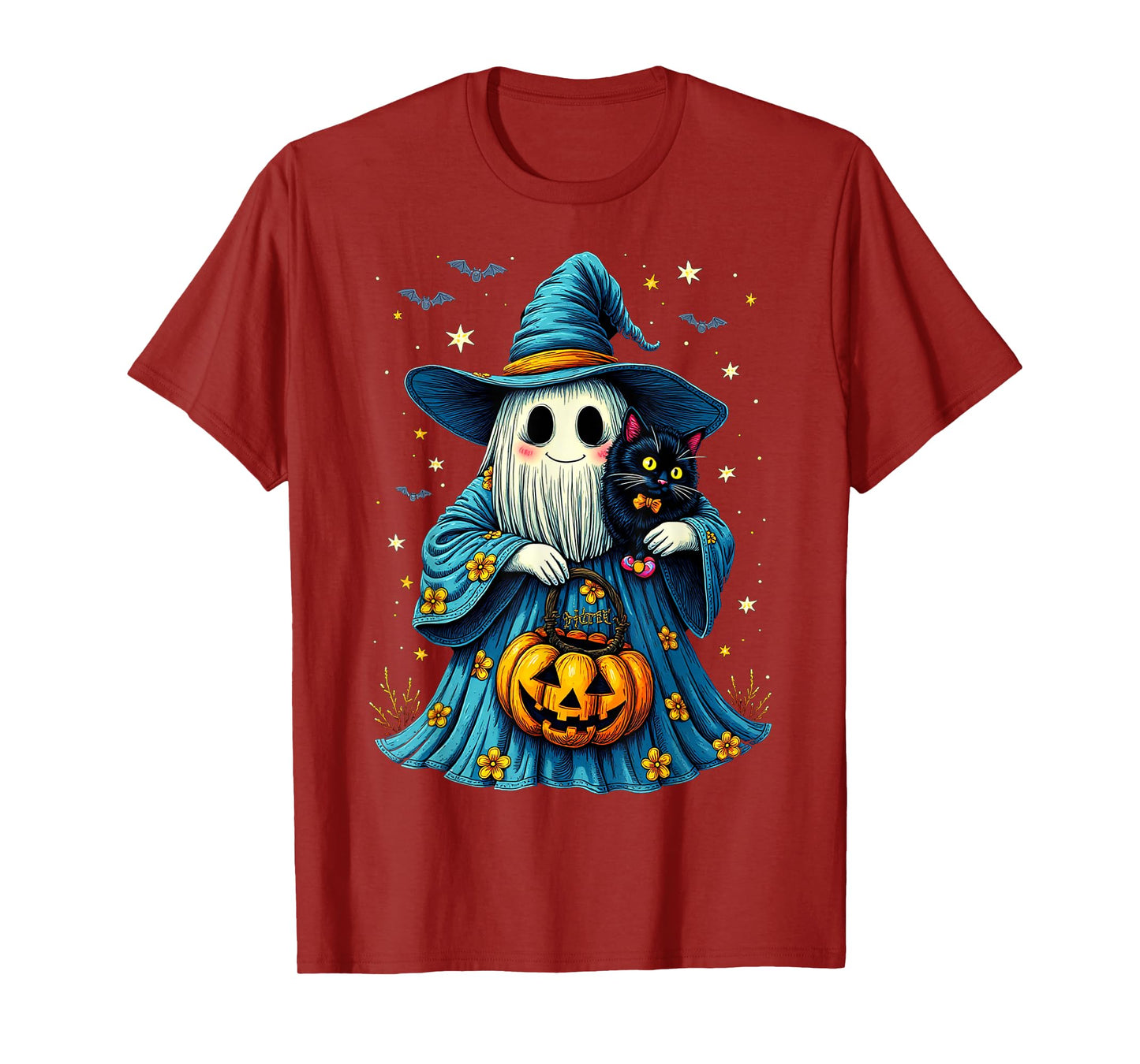 Ghost Holding Black Cat Lover Halloween 2025 Groovy Floral T-Shirt