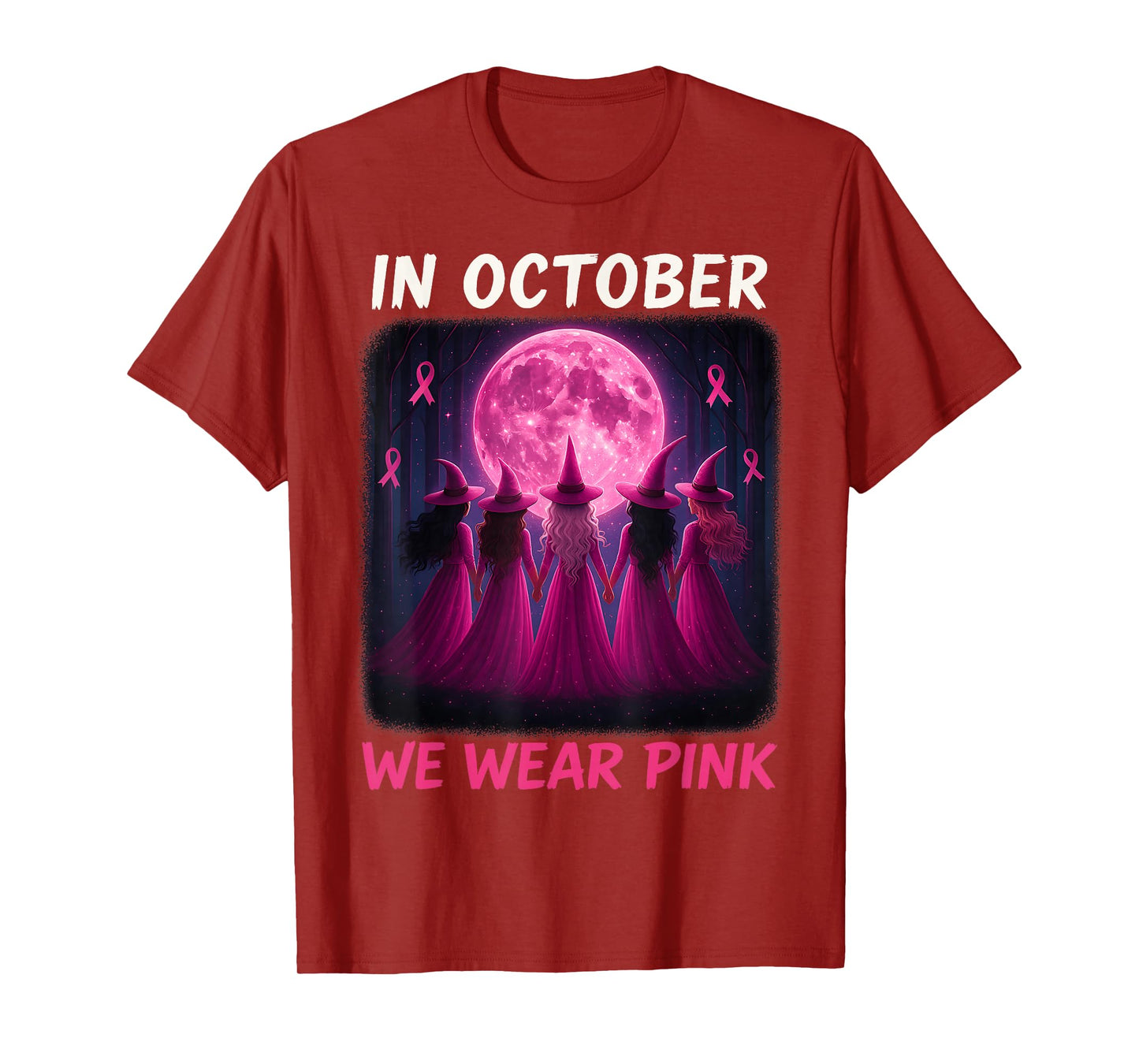 Retro in October We Wear Pink Witch Breast Cancer Awareness T-Shirt