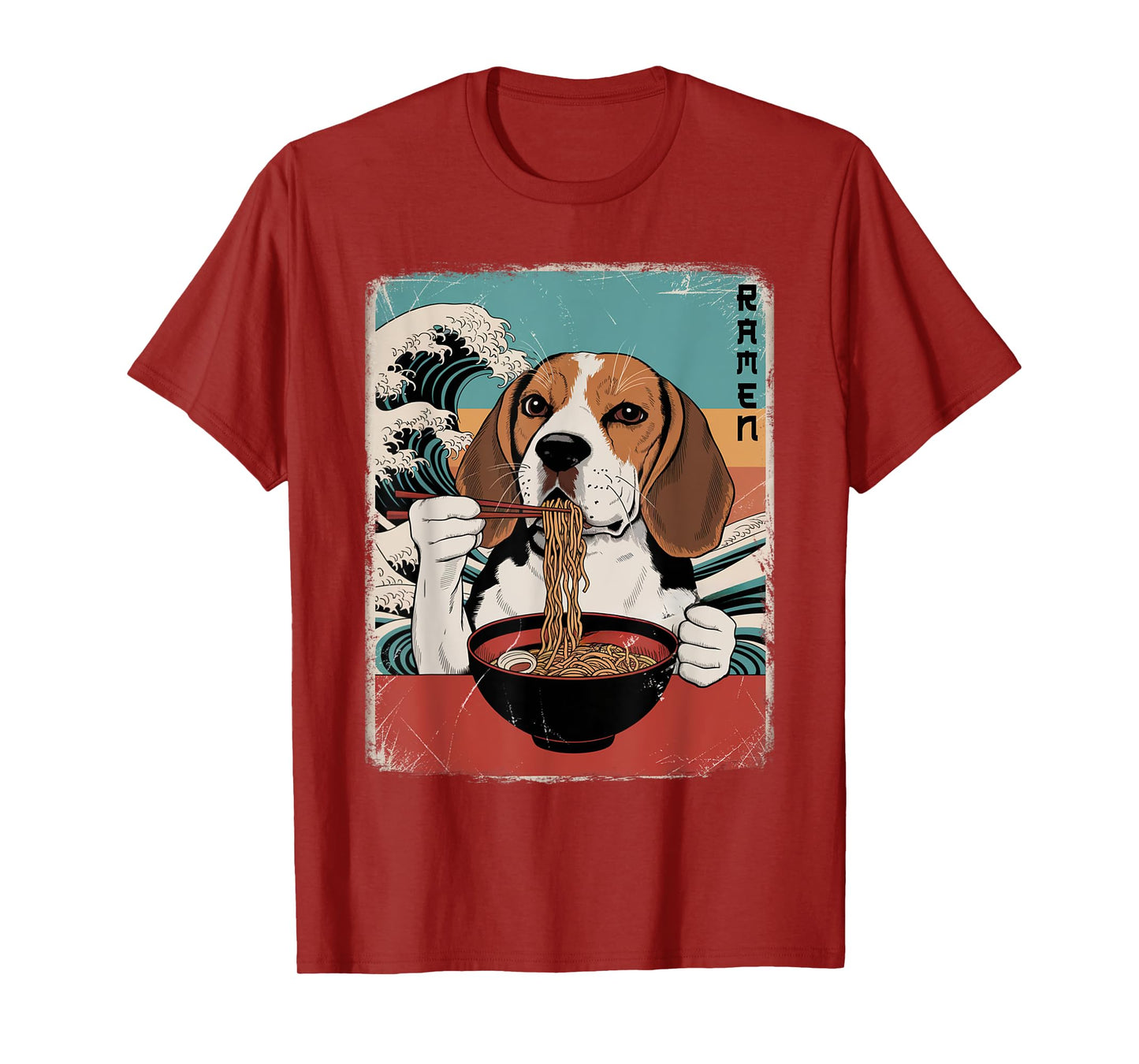 Beagle Eat Ramen Noodles Japanese Art Retro Ocean Waves T-Shirt