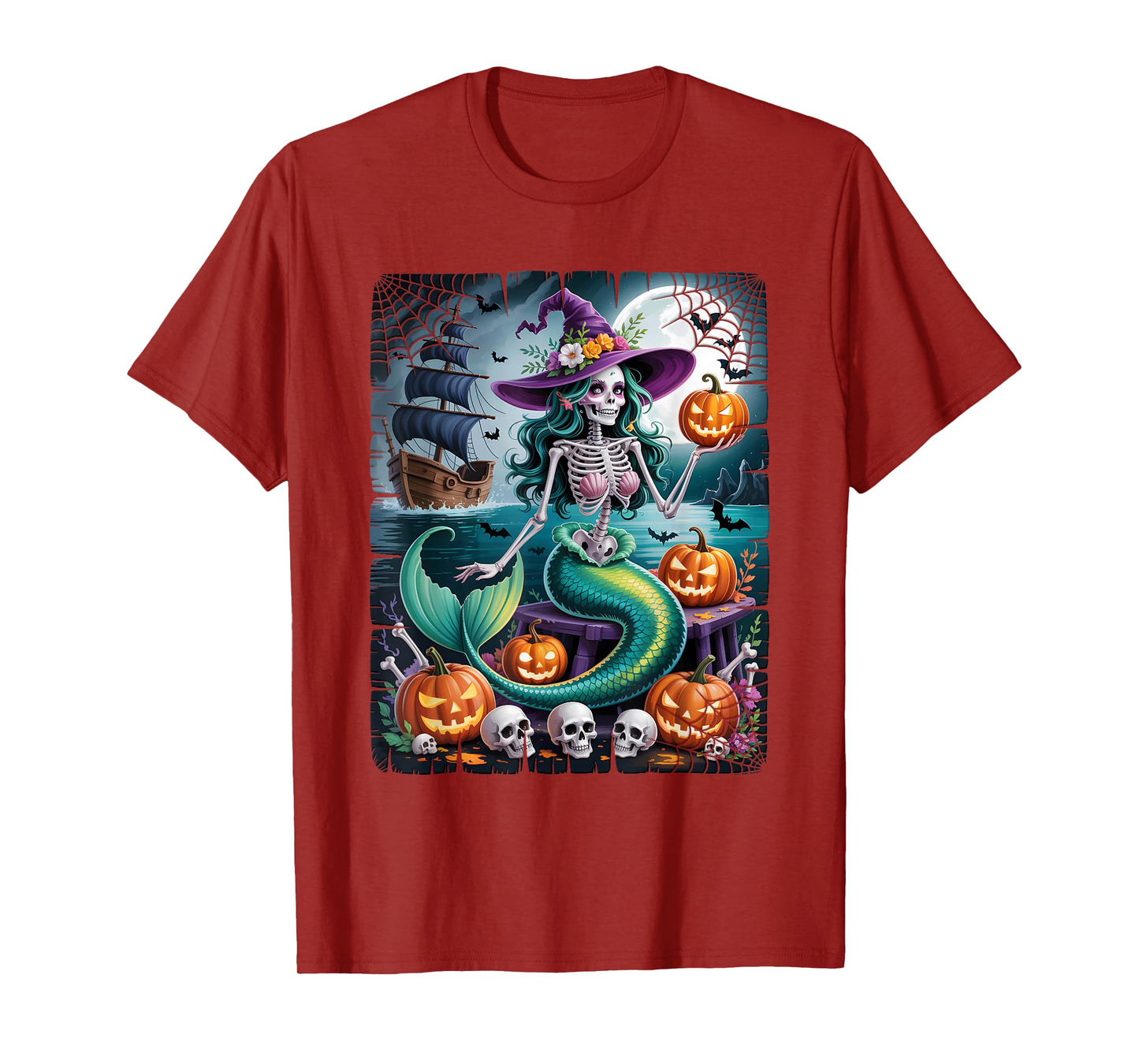 Mermaid Skeleton Witch Hat Halloween Ocean Mermaid Lover T-Shirt