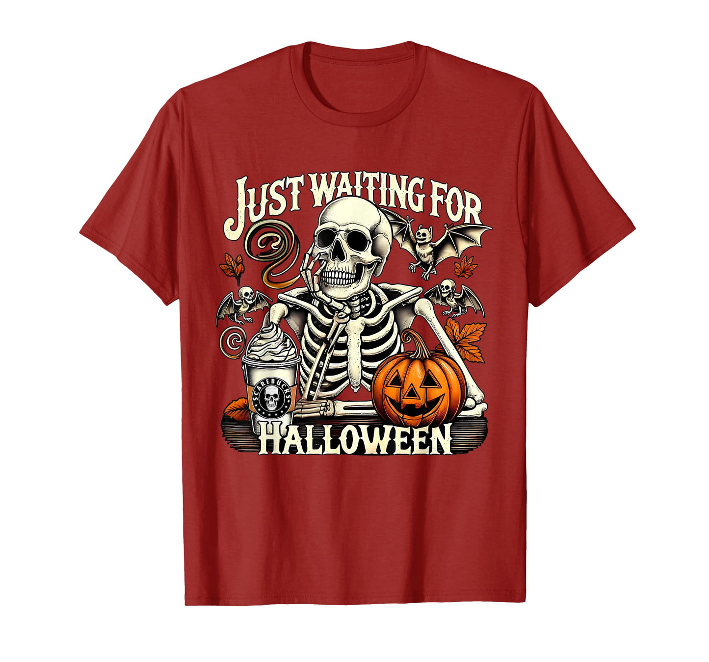 Just Waiting for Halloween Skeleton Pumpkin Coffee Drinking T-Shirt