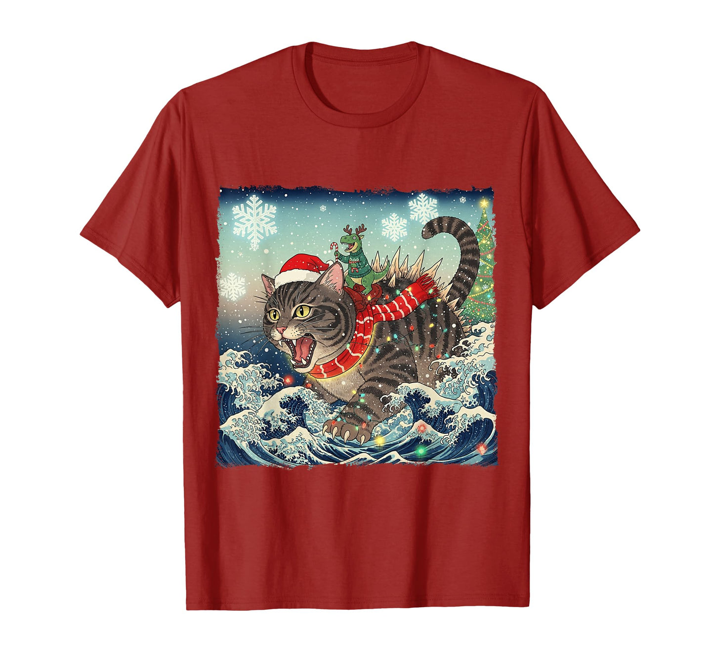 Catzilla Christmas with Cute Dino Cat Funny Holiday Wave T-Shirt