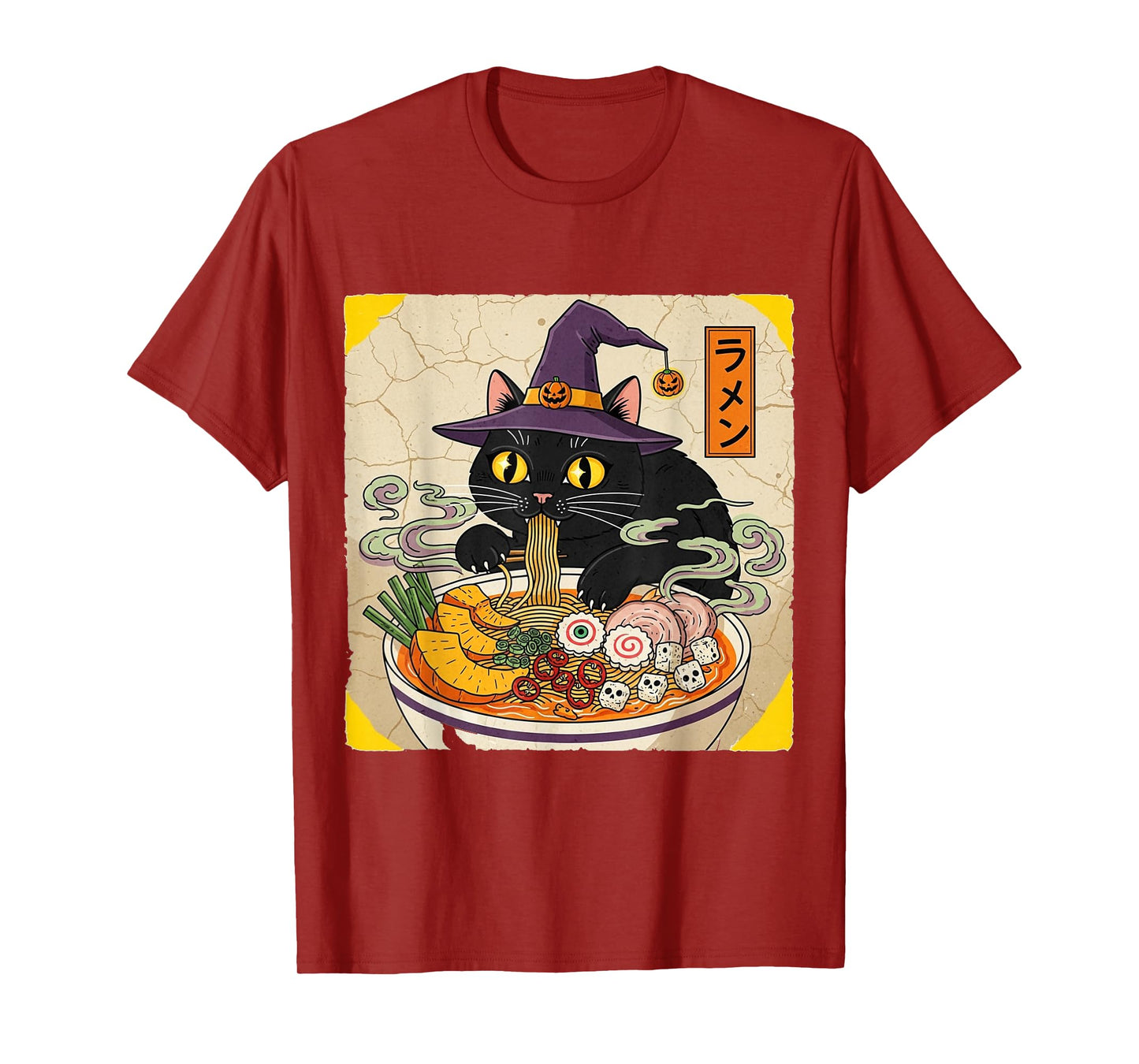 Black Cat Holiday Witch Hat Slurping Ramen Vintage Halloween T-Shirt