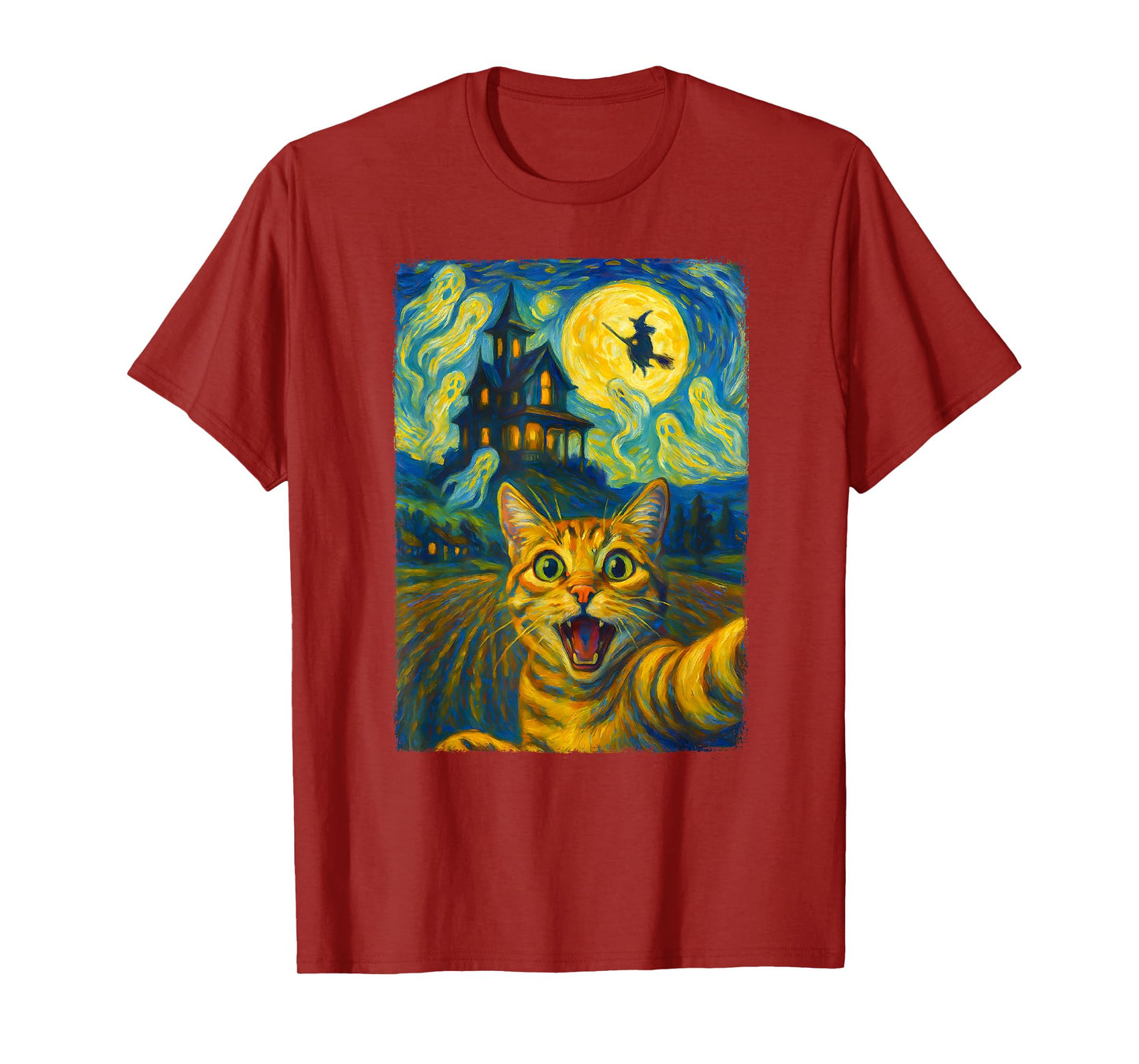 Funny Cat Selfie Witch Ghost Halloween Van Gogh Starry Night T-Shirt