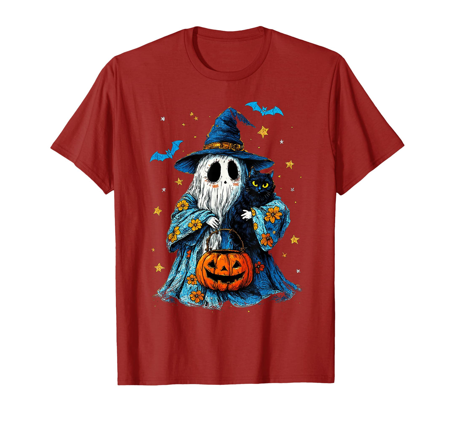 Ghost Holding Black Cat Lover Halloween 2025 Groovy Floral T-Shirt