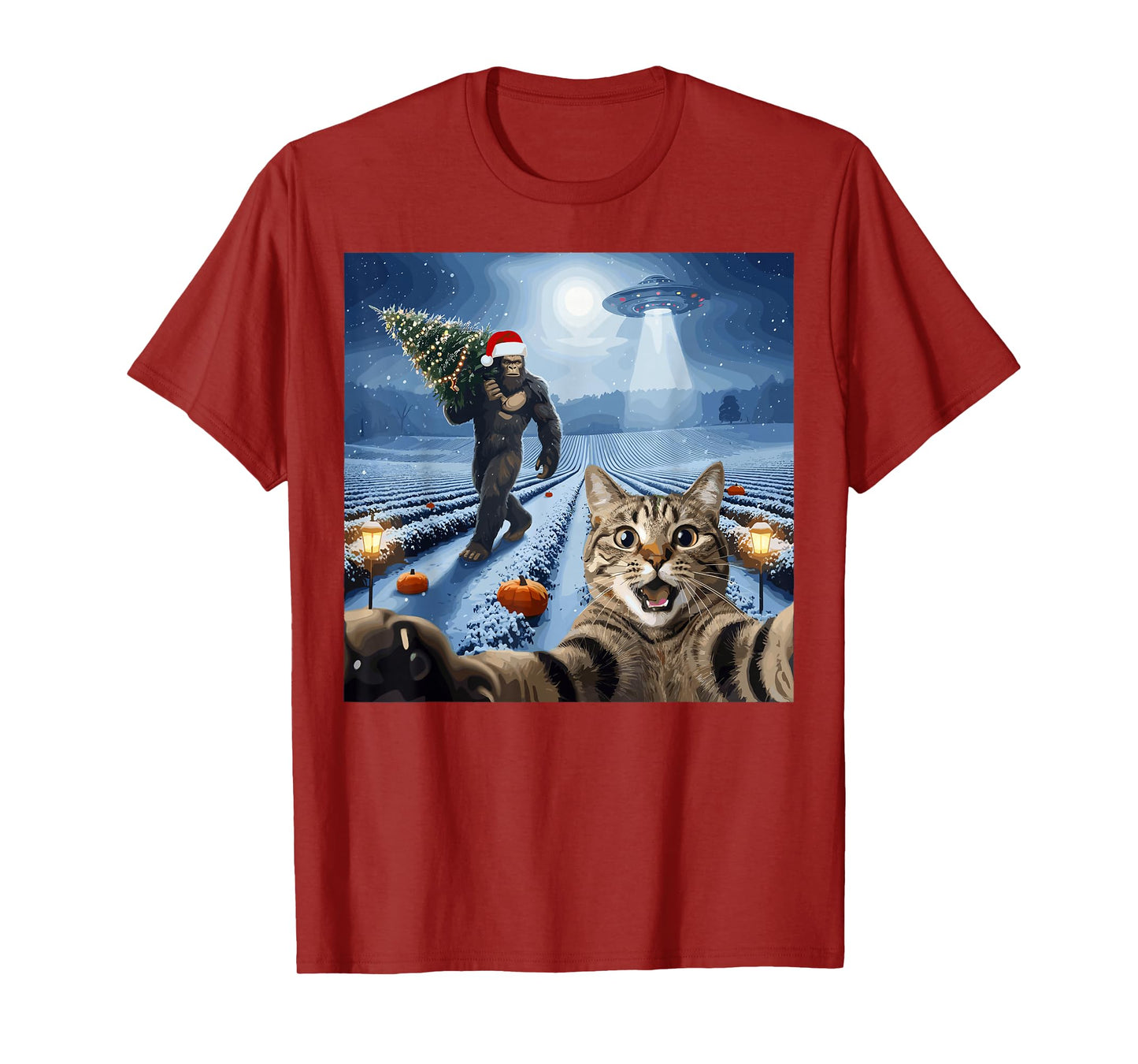 Christmas Bigfoot UFO Cat Selfie Pumpkin Snow Scene T-Shirt