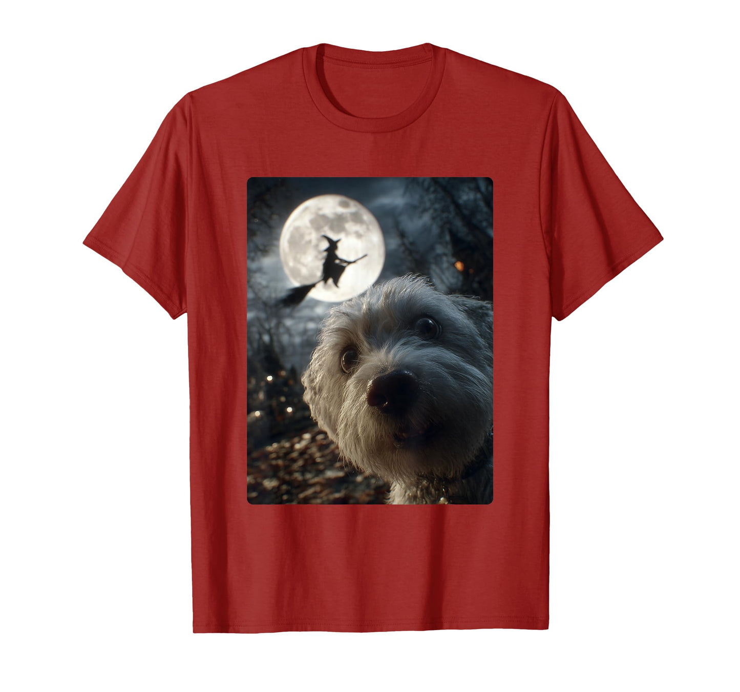 Funny Maltese Selfie Full Moon Flying Witch Halloween Dog T-Shirt