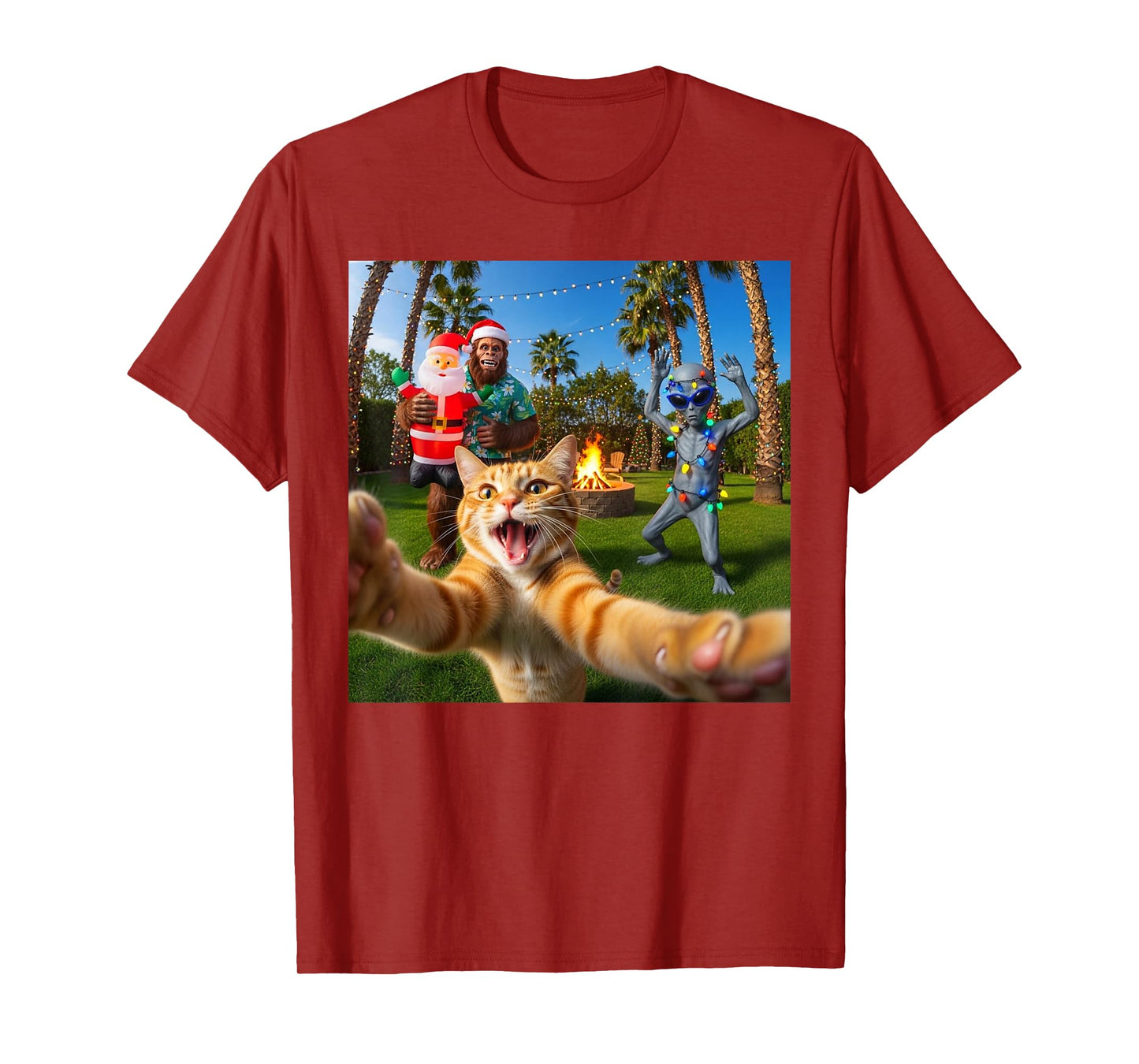 Funny Christmas Cat Selfie with Bigfoot & Alien Party T-Shirt