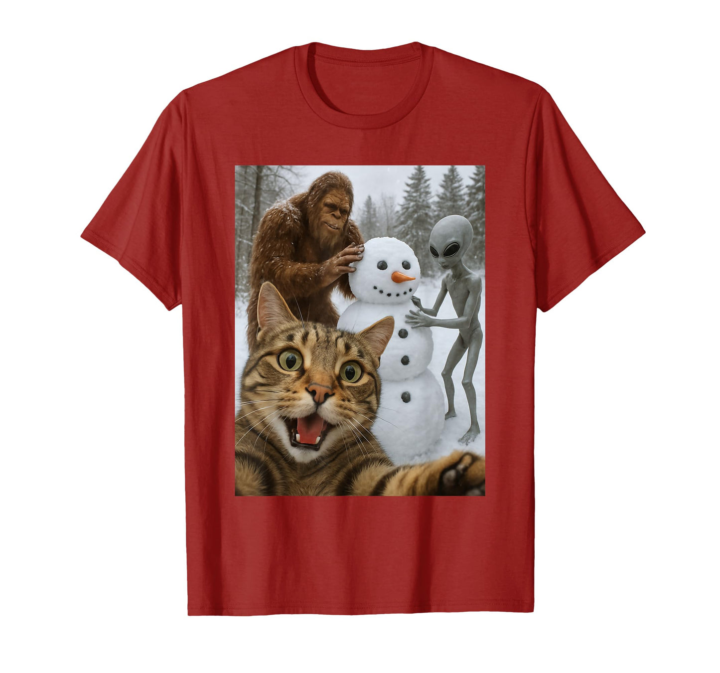 Funny Christmas Cat Selfie with Bigfoot Alien & Snowman T-Shirt