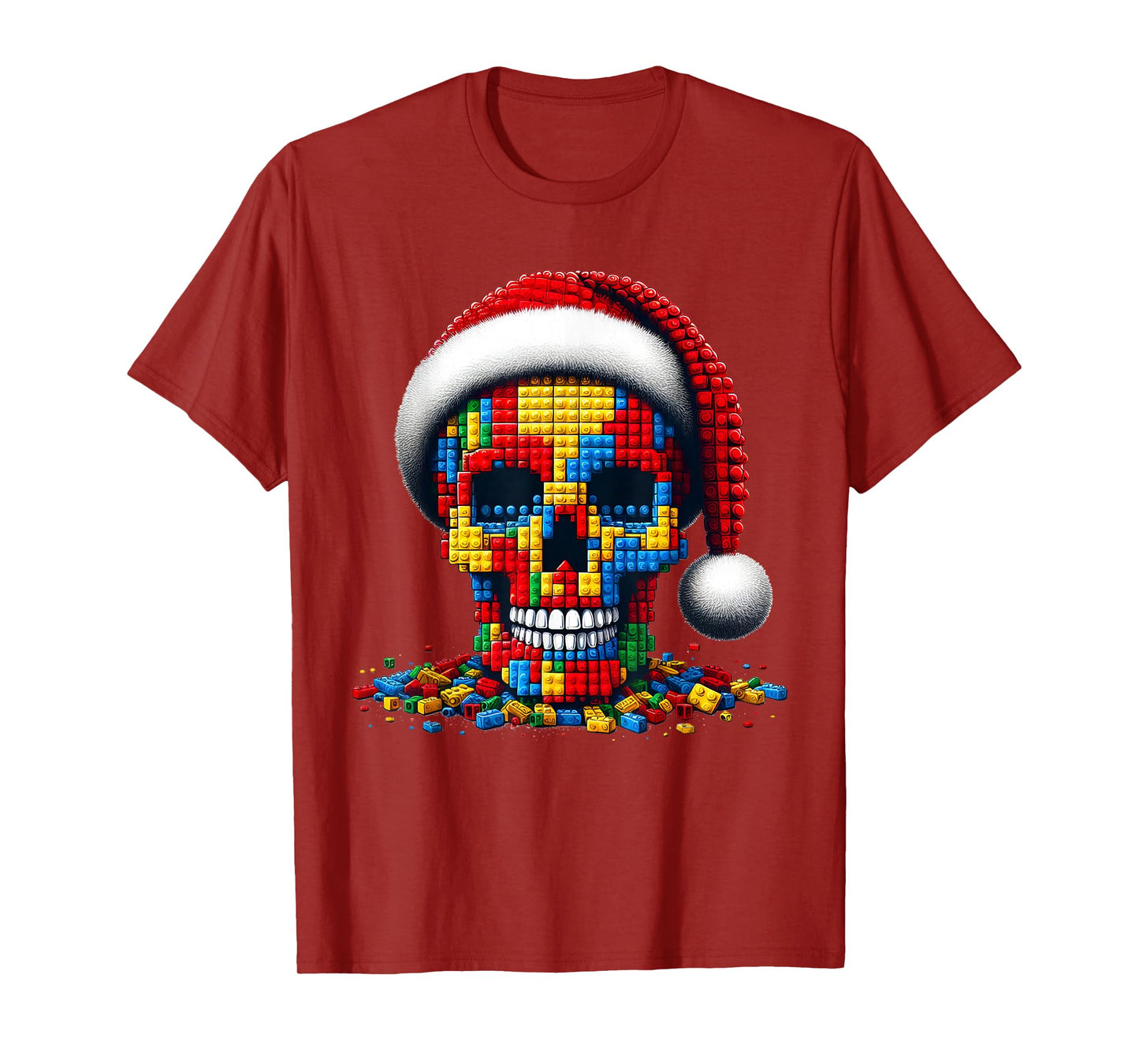 Christmas Skull Santa Hat Block Bricks Master Builder T-Shirt