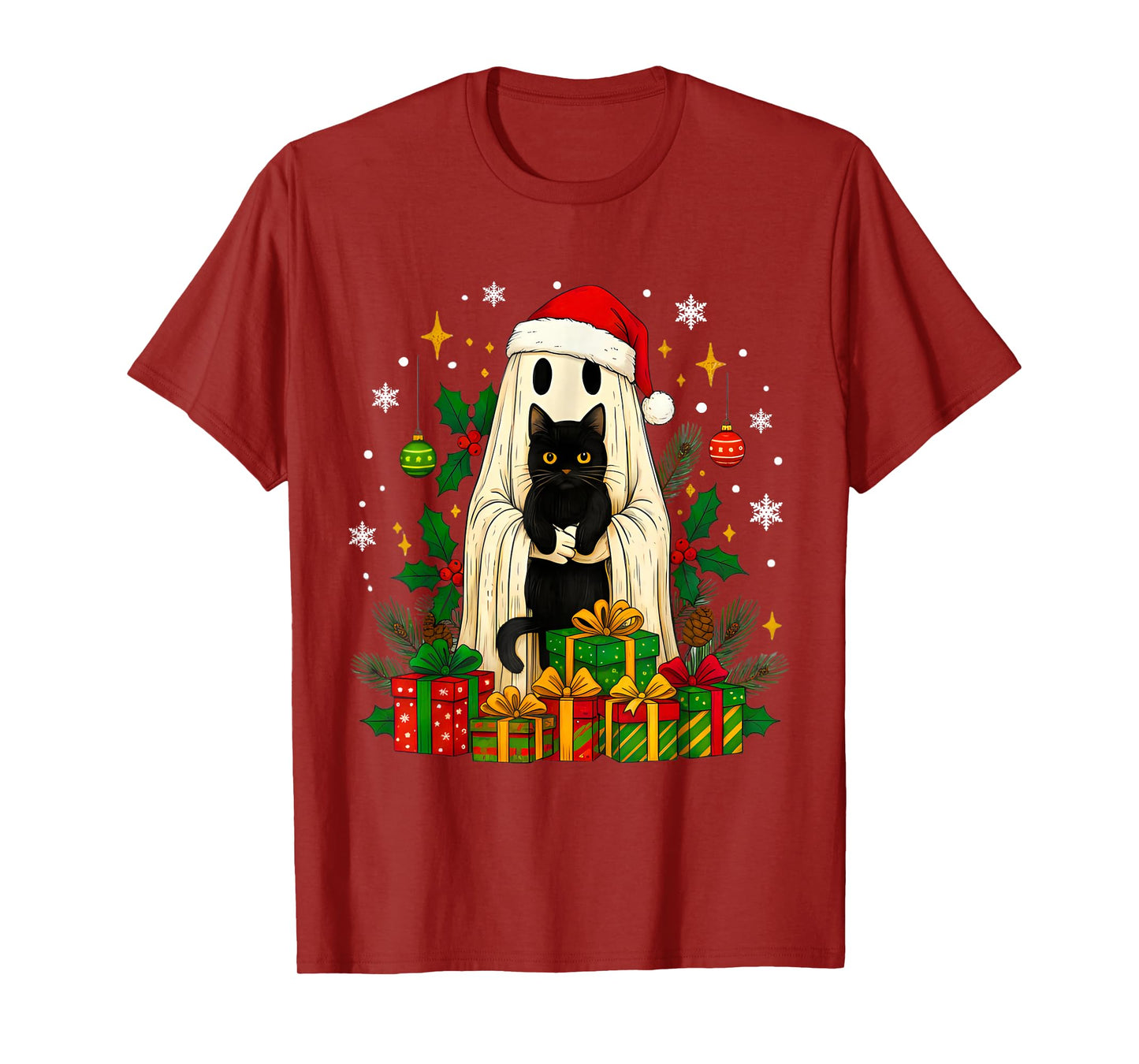 Vintage Christmas Ghost Holding Black Cat Groovy Floral T-Shirt