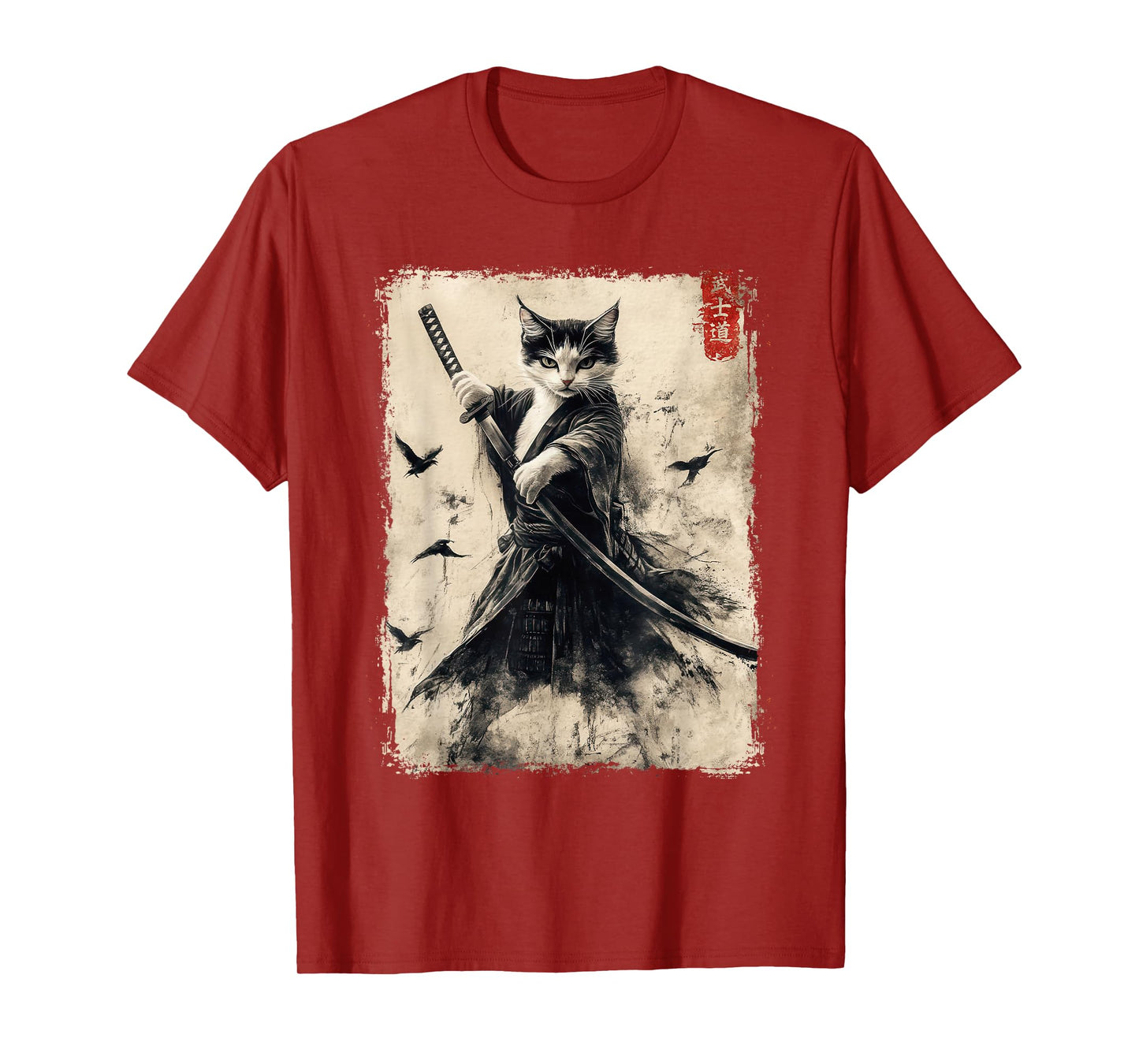 Samurai Cat Graphic Tee Warrior Vintage Japanese Art Anime T-Shirt