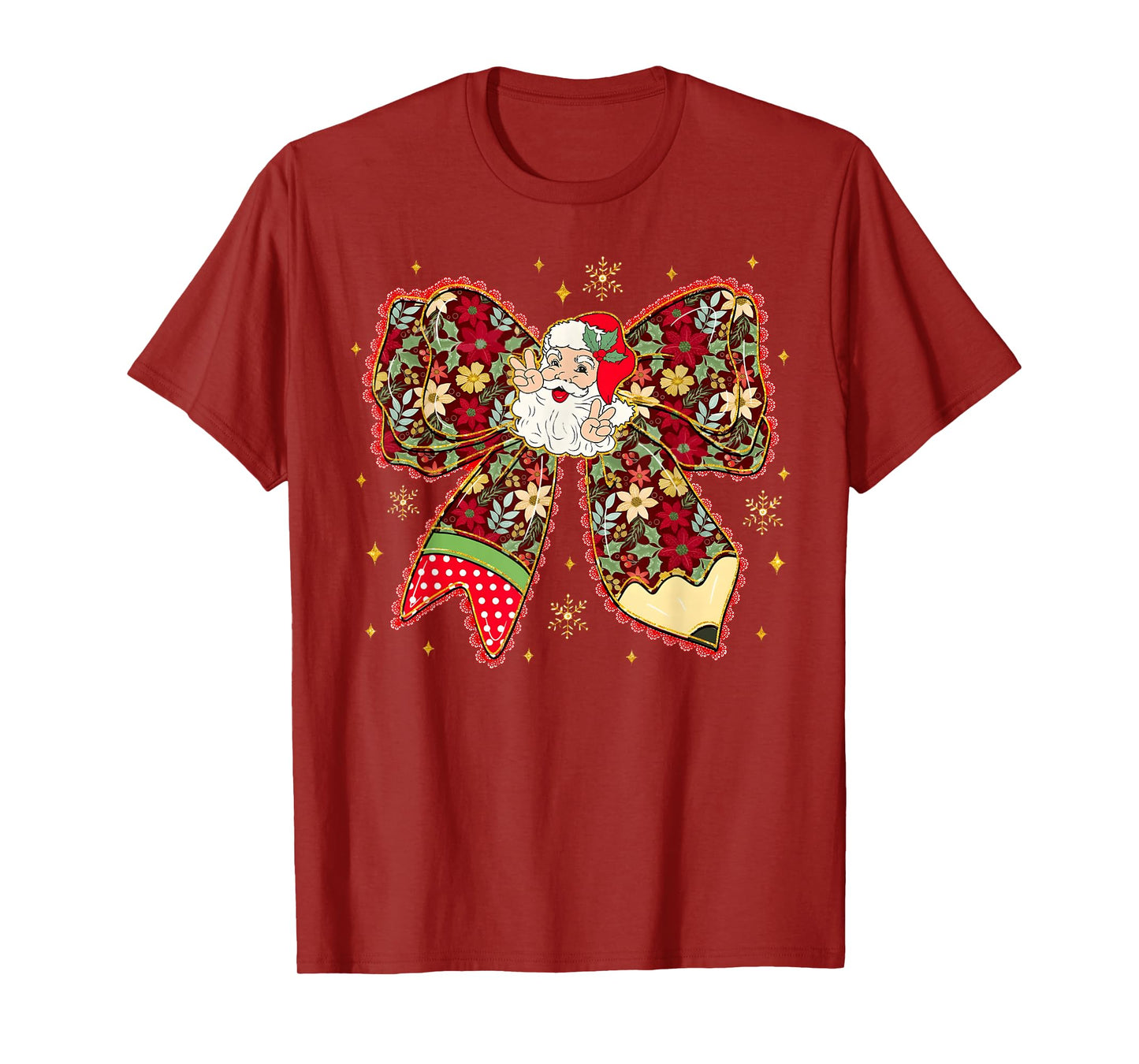 Santa Peace Sign Floral Coquette Bow Christmas Pajamas Girly T-Shirt
