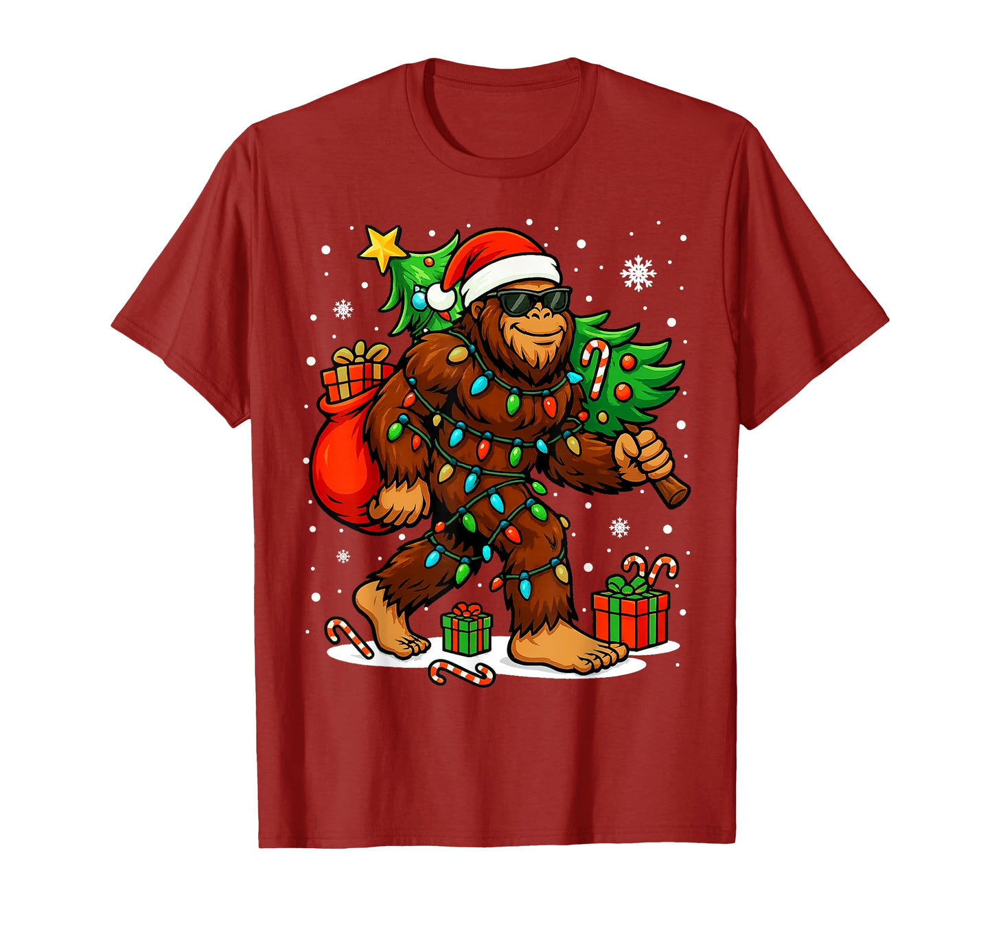 Santa Bigfoot Christmas Tree Xmas Lights Funny Sasquatch T-Shirt