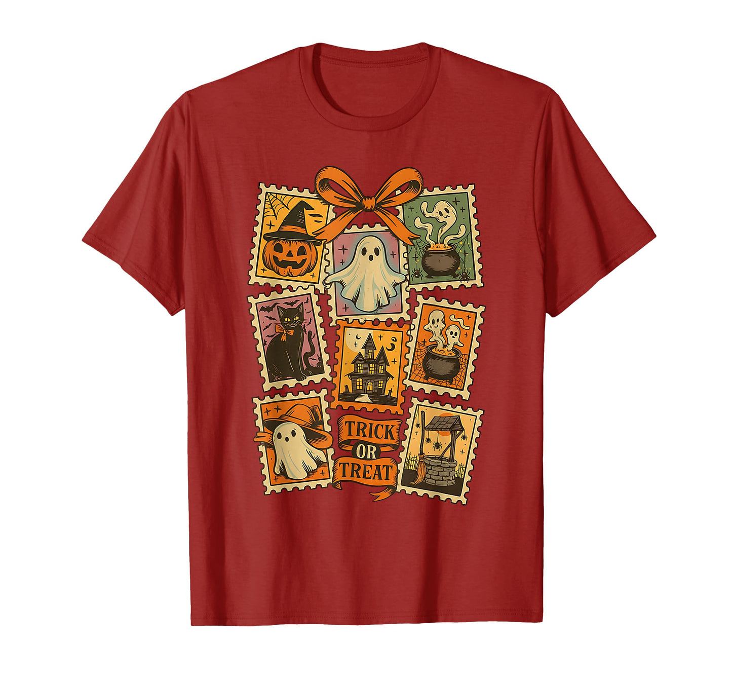 Halloween Stamp Spooky Ghost Boo Pumpkin Coquette Bow Retro T-Shirt