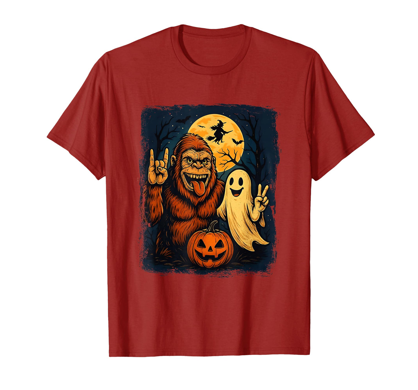 Tongue Out Bigfoot Selfie with Ghost Witch Pumpkin Halloween T-Shirt