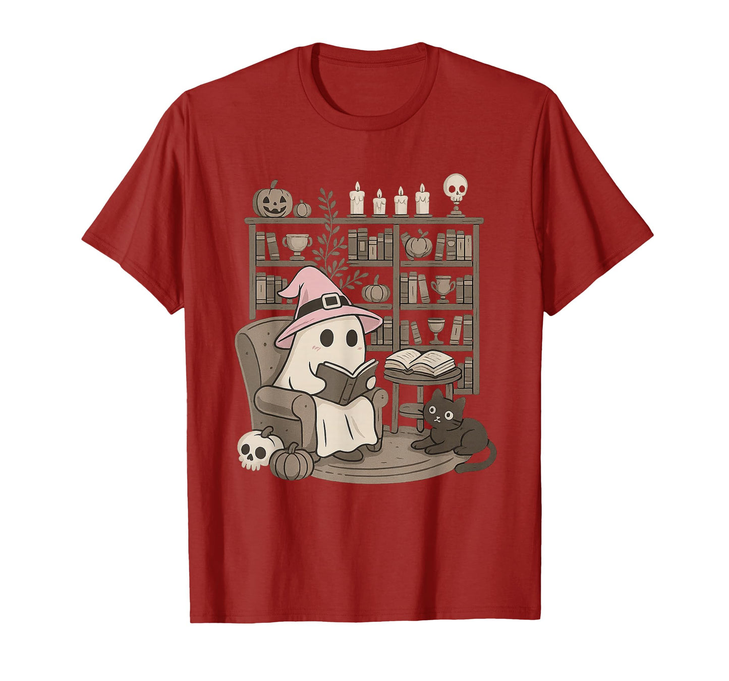 Funny Ghost Witch Reading Black Cat Library Halloween T-Shirt