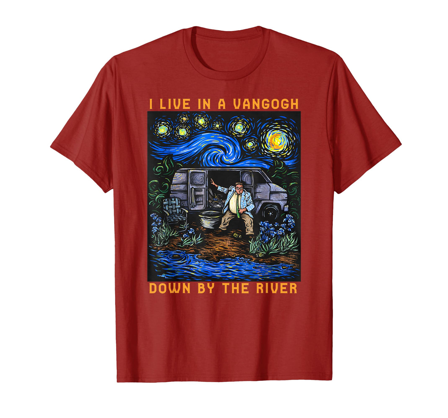 River Beautiful Day I Live In A Van-Gogh Down Black Cotton 100% Classic Fit Crew Collar Short Sleeve Unisex-Adults Small T-Shirt