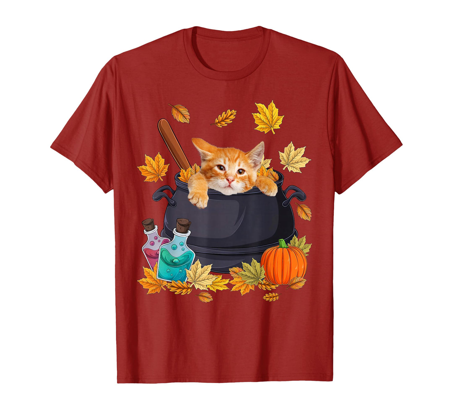 Cat in Witch Bucket & Fall Leaves Halloween Costume Day Kids T-Shirt
