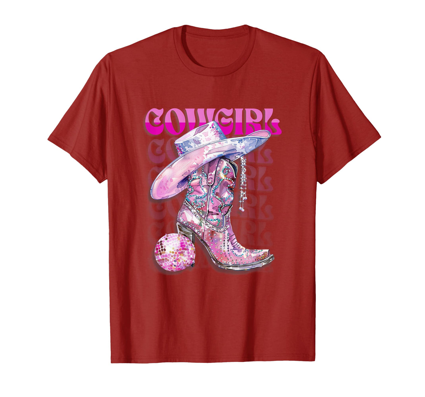 Pink Cowgirl Boots Disco Western Country Cow Girl Coastal T-Shirt