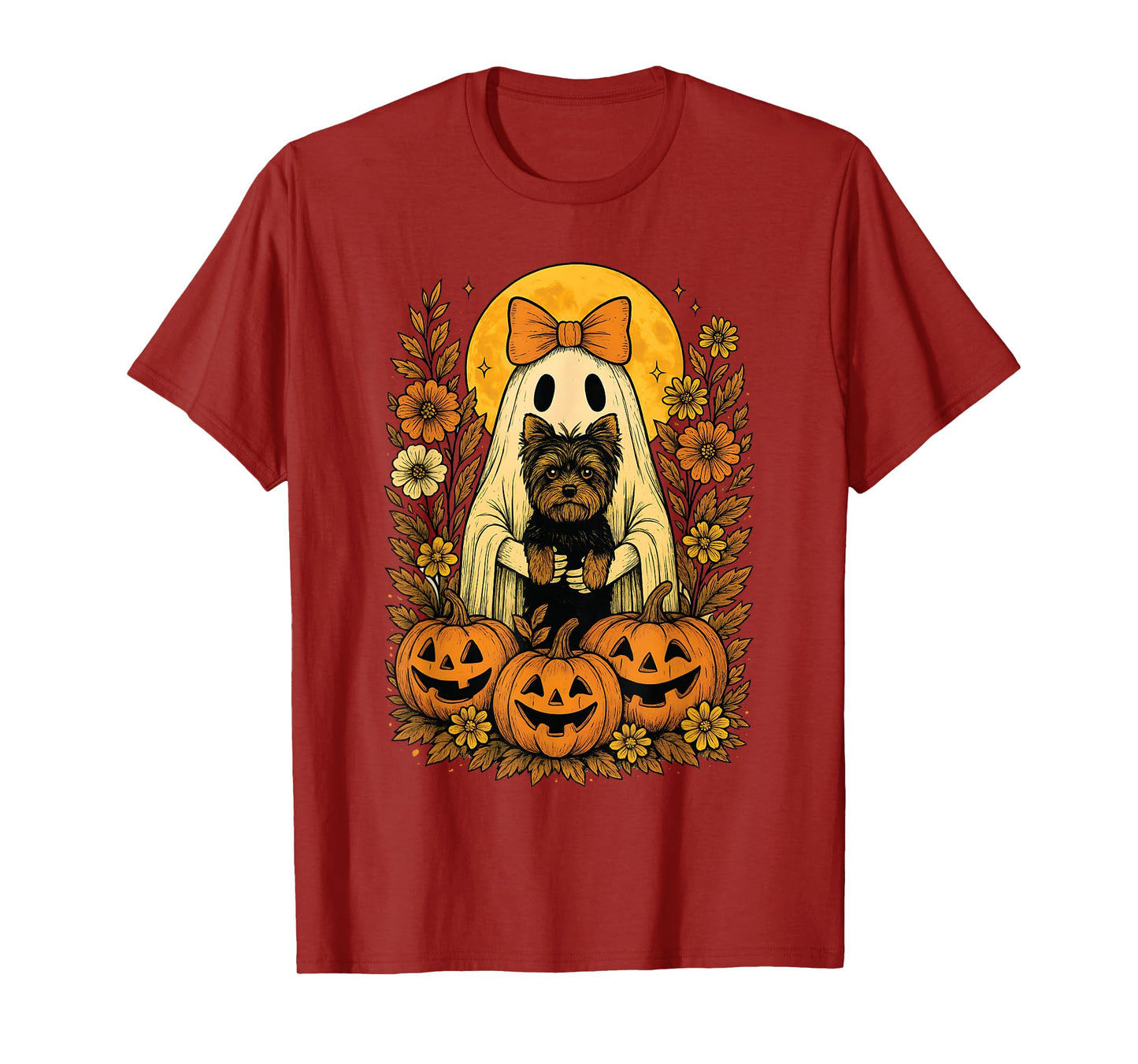 Floral Halloween Ghost Holding Yorkshire Terrier (Yorkie) T-Shirt