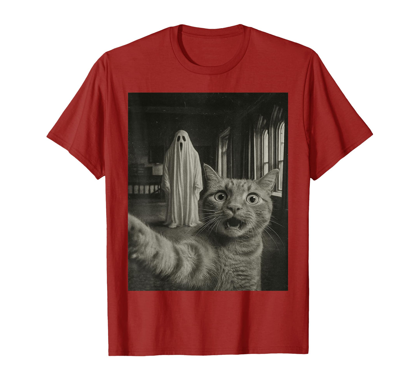 Haunted House Ghost Vintage Photo Funny Tabby Cat Halloween T-Shirt