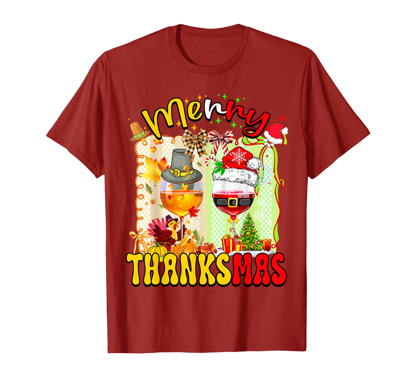 Merry Thanksmas Two Wine Glass Happy Thanksgiving Christmas T-Shirt
