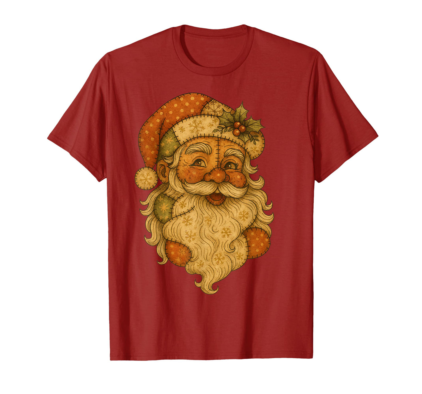 Patchwork Santa Face Vintage Christmas Folk Art T-Shirt