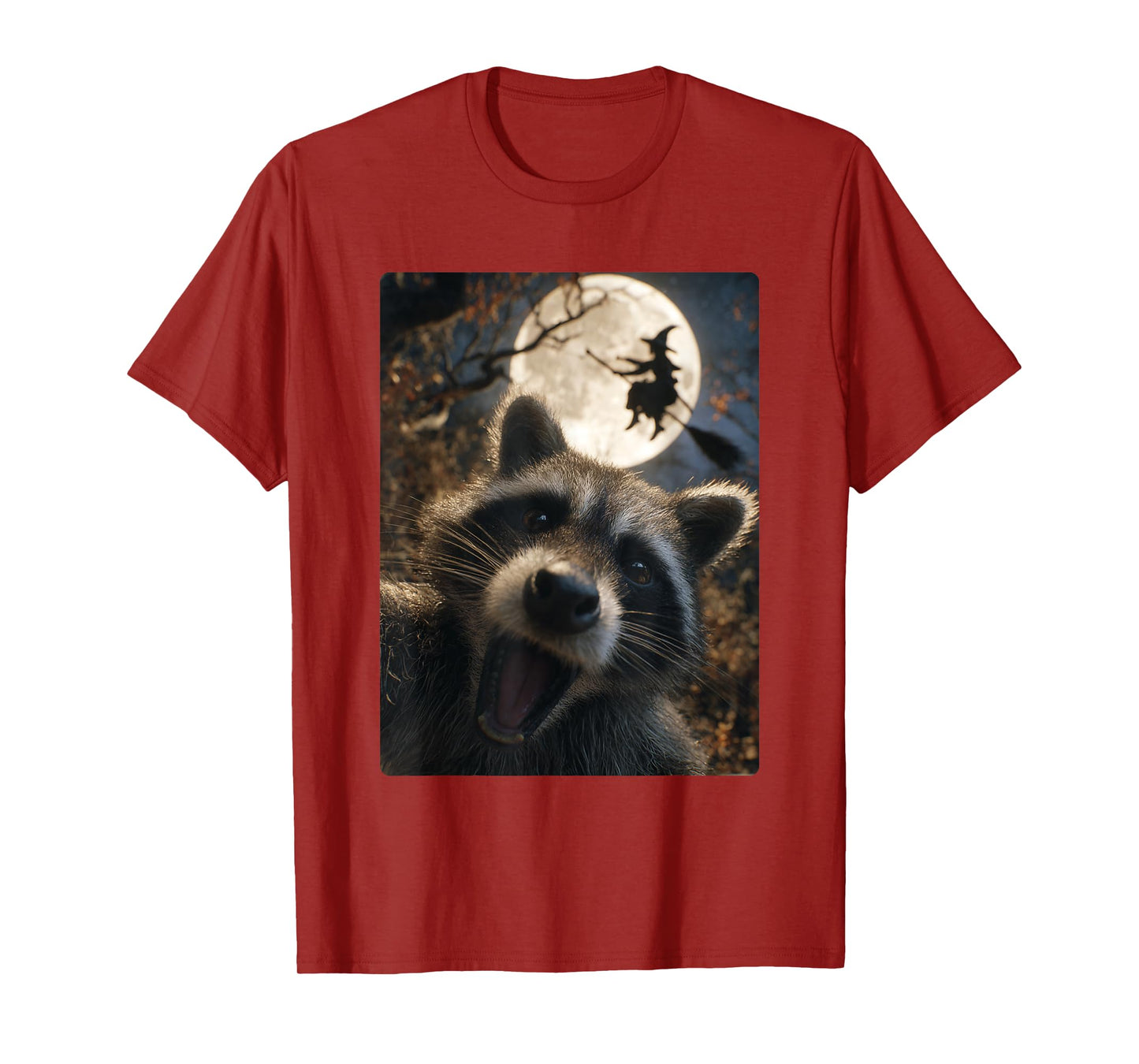 Funny Raccoon Selfie Full Moon Flying Witch Forest Halloween T-Shirt