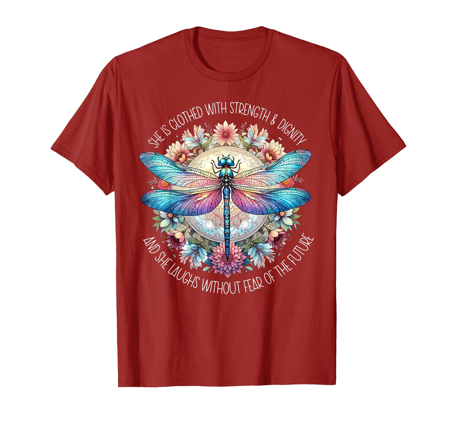 Boho Floral Dragonfly She Is Clothed With Strength & Dignity T-Shirt