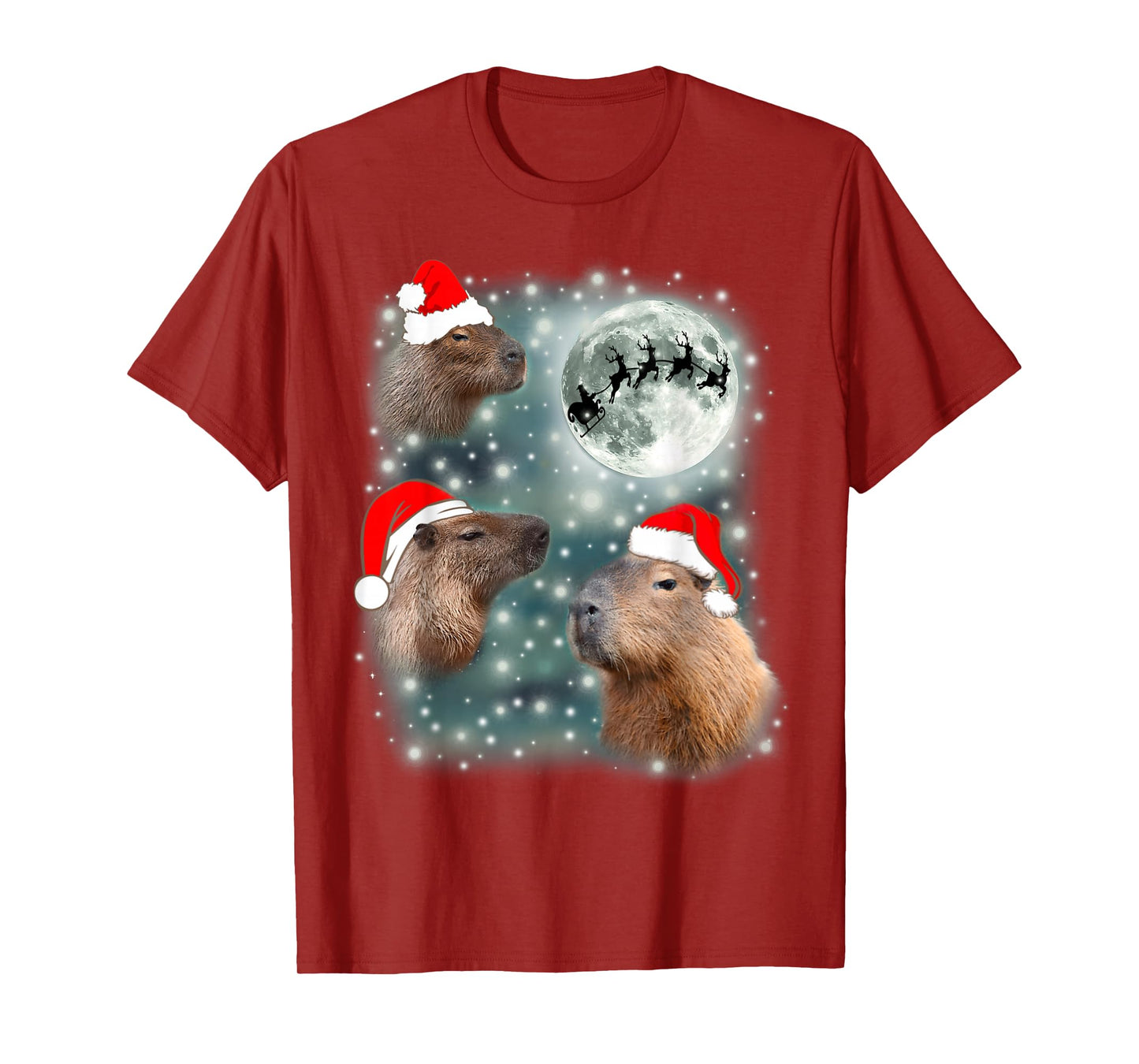 3 Capybara Moon Giant Rodents Weird Howling Funny Xmas Santa T-Shirt