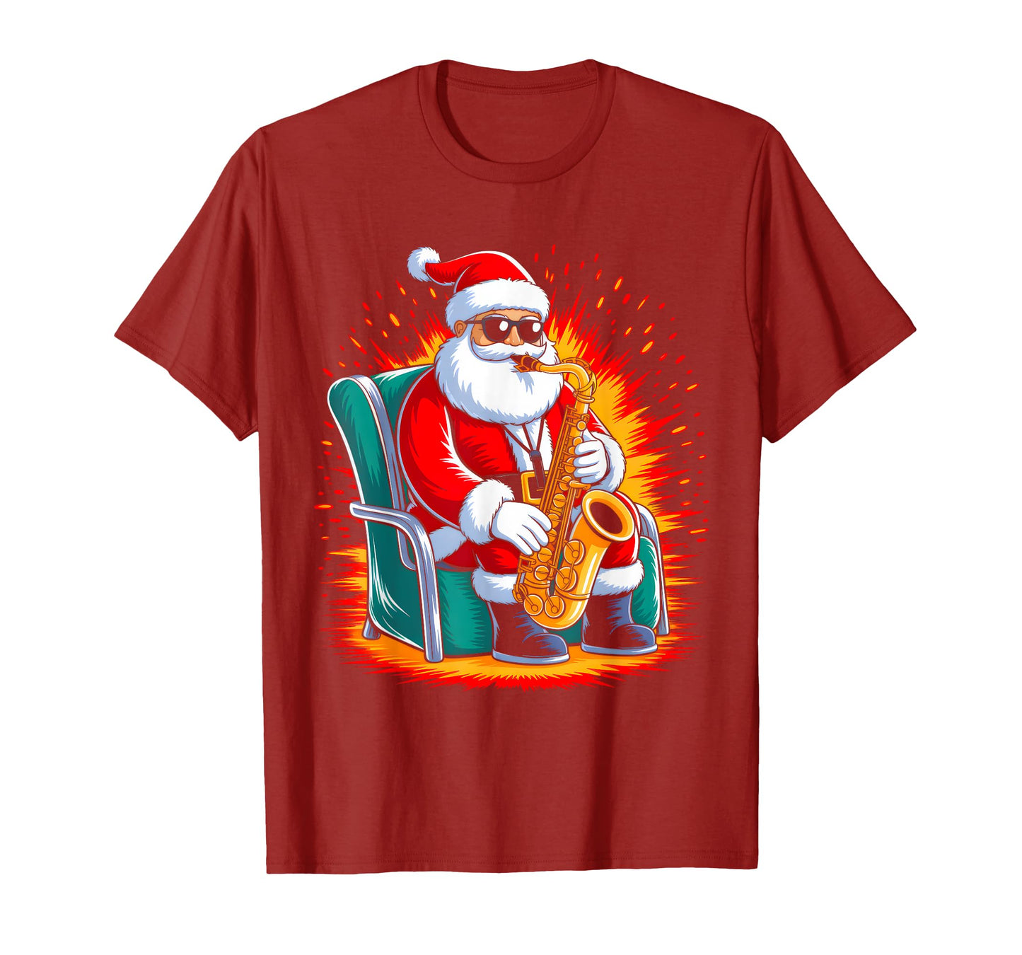 Saxophone Santa Playing Drums Funny Christmas Music Lover T-Shirt