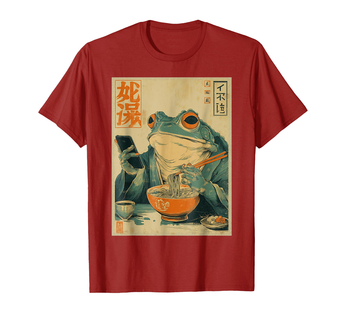 Funny Grumpy Frog Eat Ramen and Scroll Phone Japanese Art T-Shirt