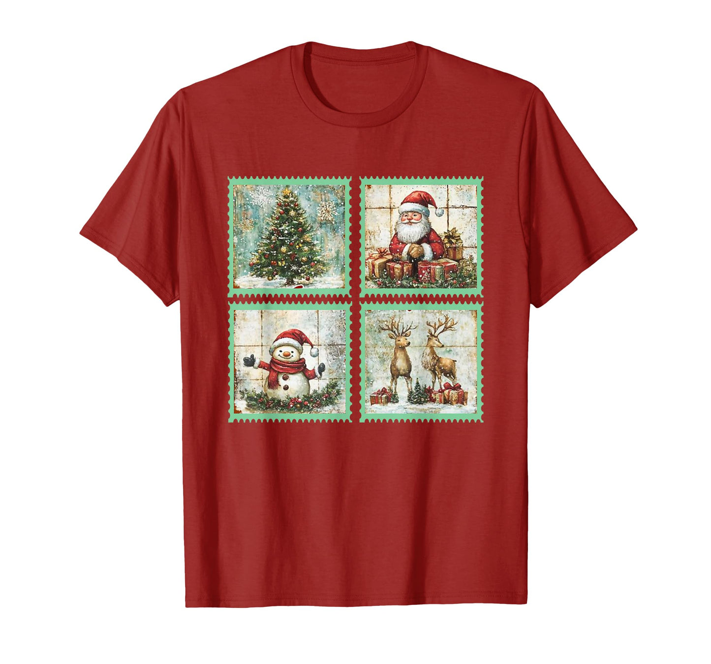 Retro Christmas Stamp Santa,Rentier,Snowmen,Christmas Tree T-Shirt