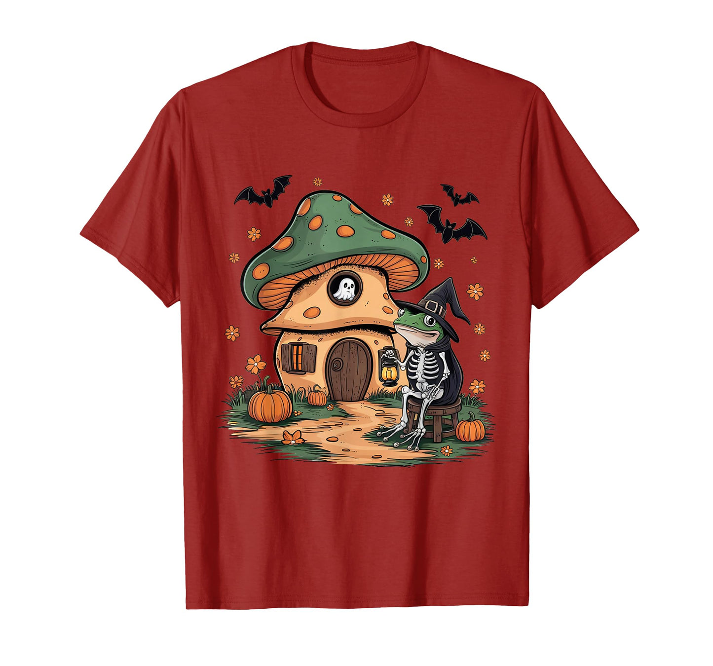 Frog Skeleton Mushroom House Funny Halloween Ghost Pumpkin T-Shirt
