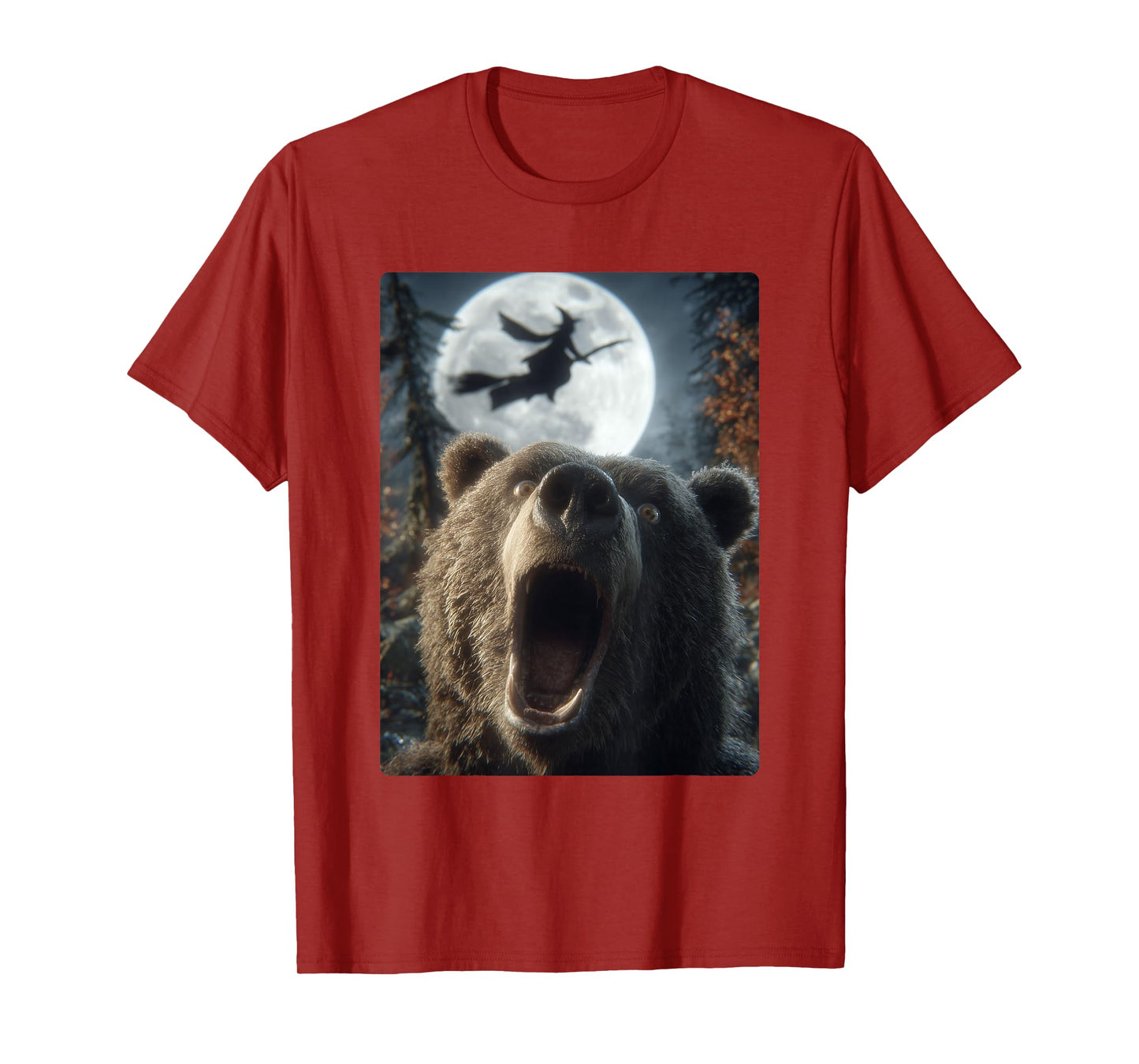 Funny Bear Selfie Full Moon Flying Witch Forest Halloween T-Shirt