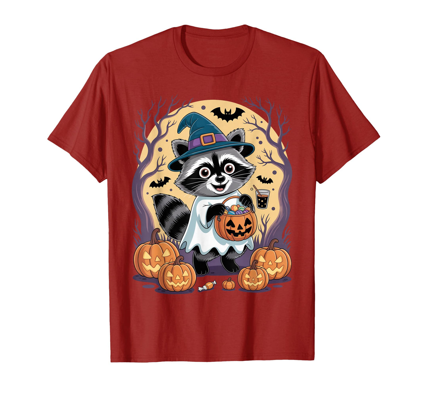 Spooky Raccoon Witch Hat Halloween Pumpkin Adventures Funny T-Shirt