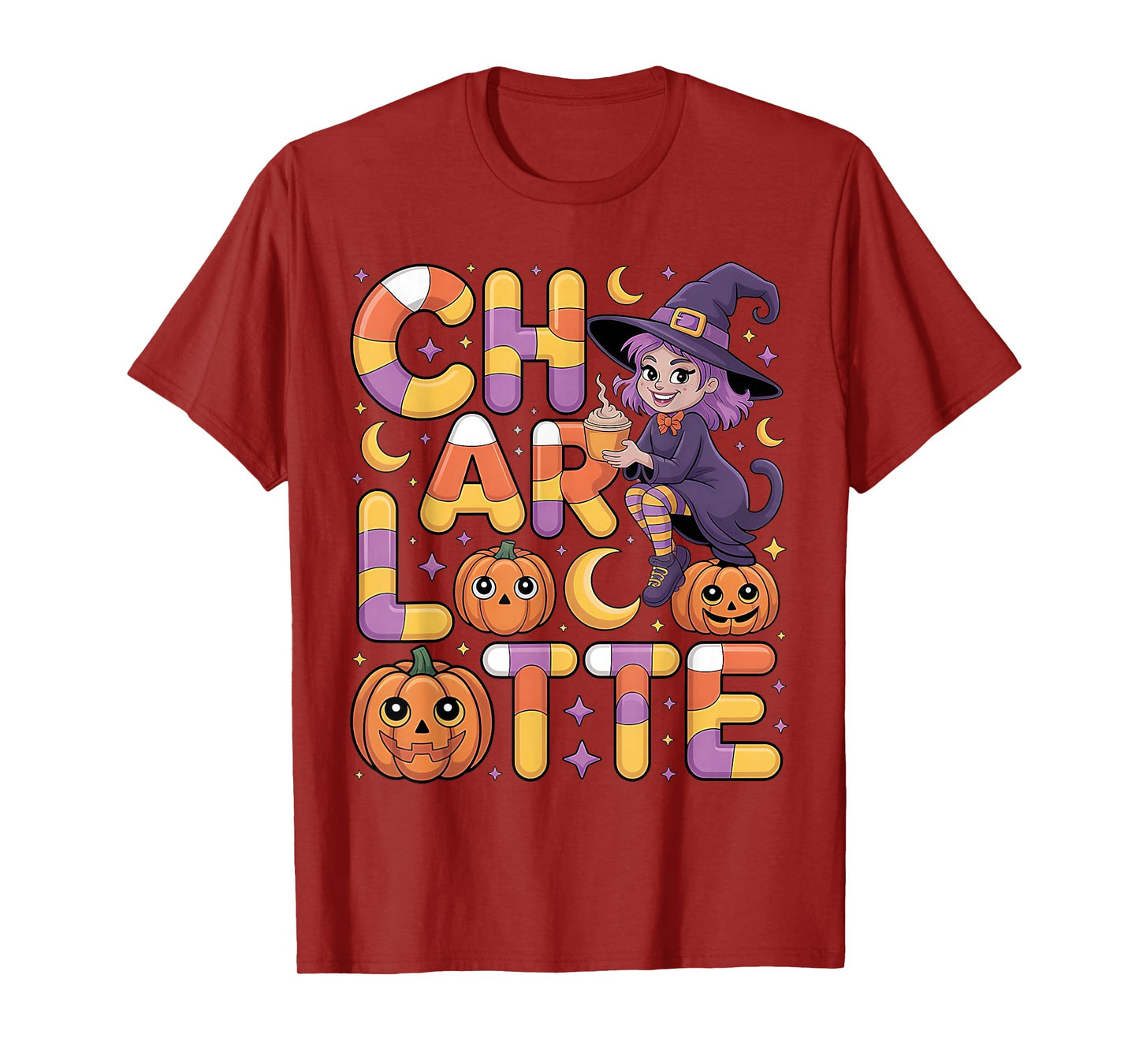Charlotte Witch Candy Corn Cat Halloween Women and Girls T-Shirt