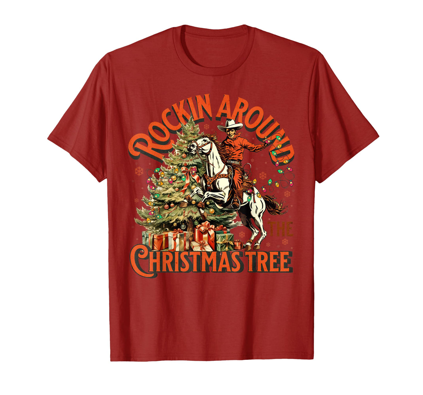 Retro Rockin Around Christmas Tree Cowboy Santa Riding Horse T-Shirt