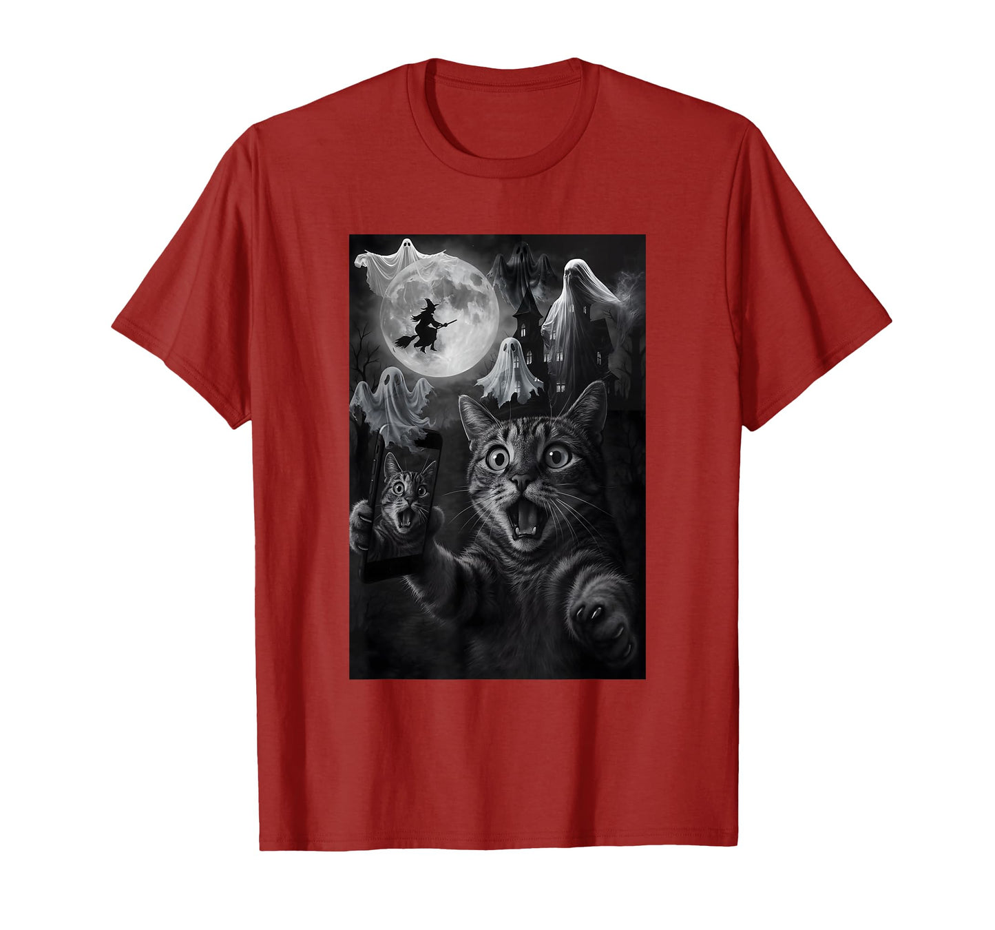 Halloween Surprise Cat Selfie Scary House Ghost Witch Flying T-Shirt