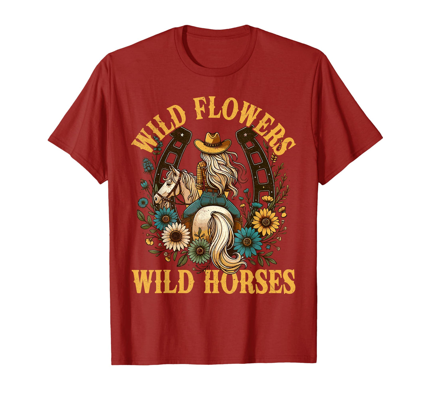 Retro Southern Sunset Cowgirl Wild Flowers - Wild Horses T-Shirt