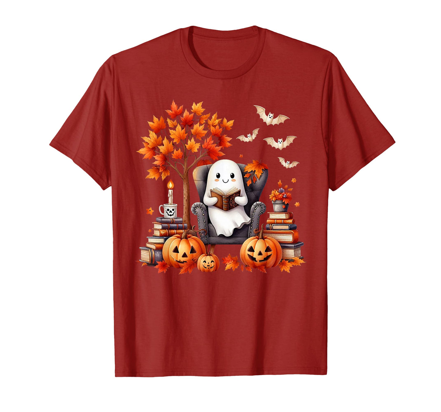 Vintage Ghost Book Reading Pumpkin Gothic Halloween Teachers T-Shirt