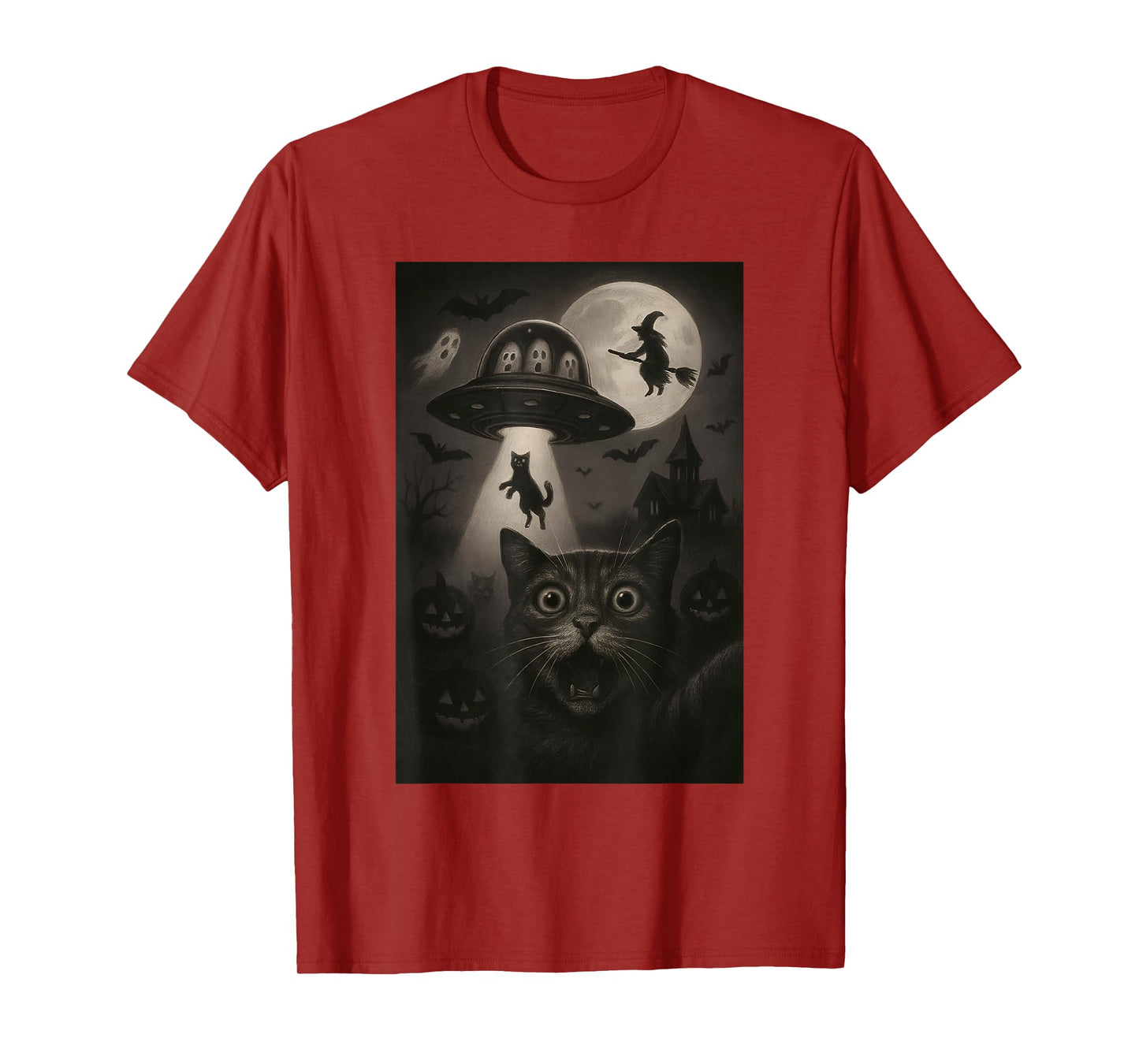Halloween Cat Selfie Spooky Night Alien Abduction Cats UFO T-Shirt
